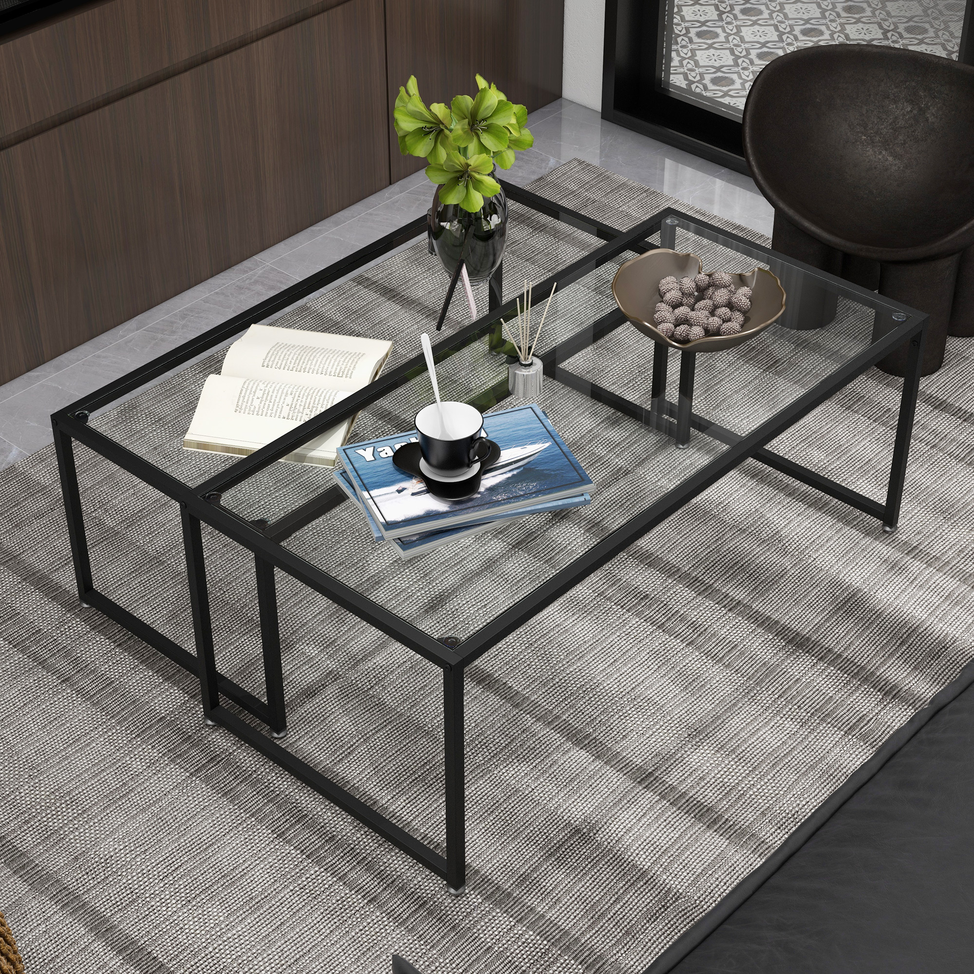 2er-Set Couchtische, Glastische, mit pulverbeschichtetem Stahl, Schwarz + Transparent