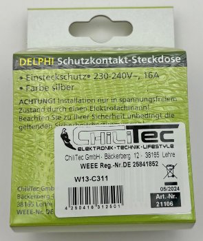 DELPHI Schutzkontakt-Steckdose, 250V~/ 16A, inkl. Rahmen, UP, silber