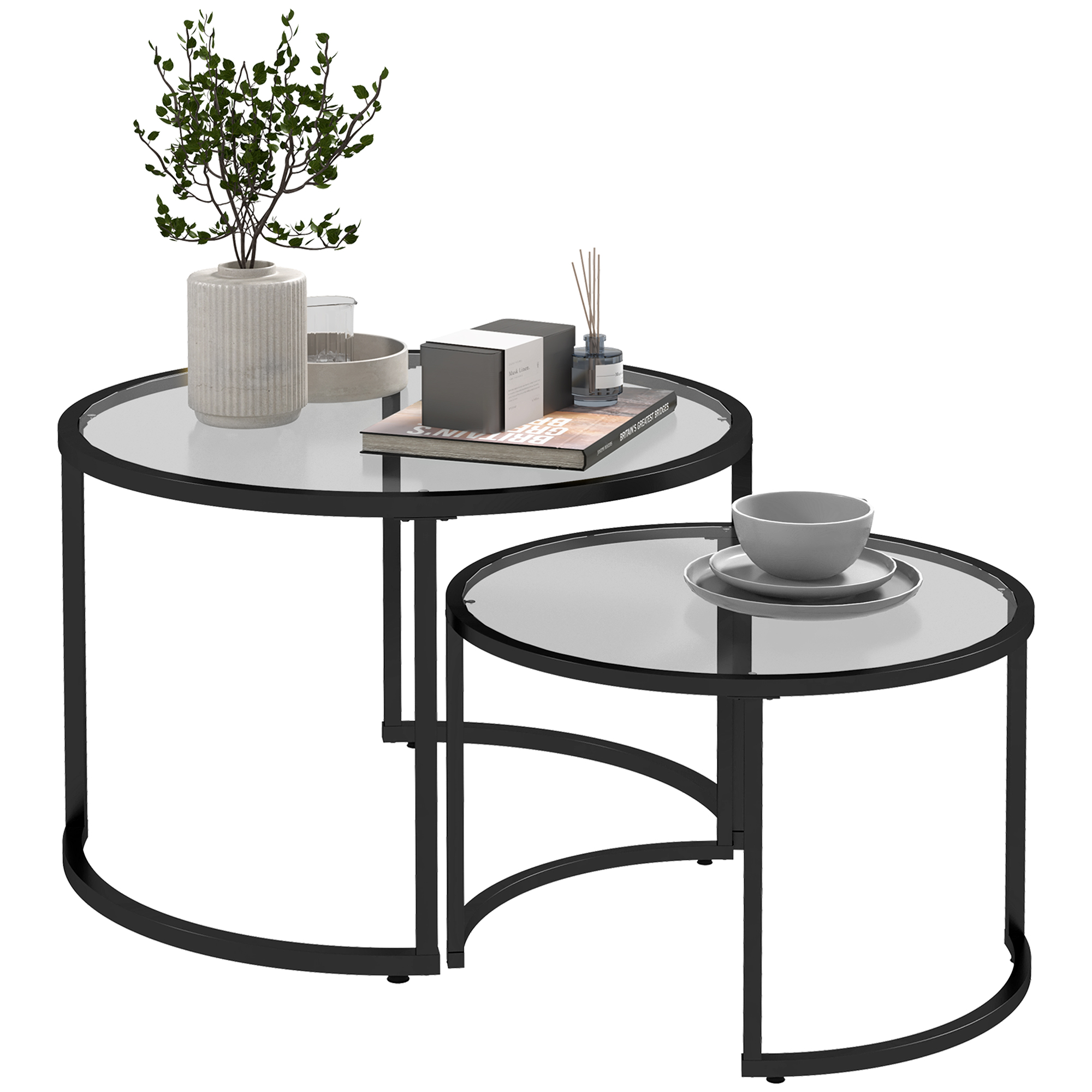 2er-Set Beistelltische Couchtische Industrie-Design, Glastische, stapelbar, Schwarz + Transparent 2er-Set Beistelltische Couchtische Industrie-Design, Glastische, stapelbar, Schwarz + Transparent