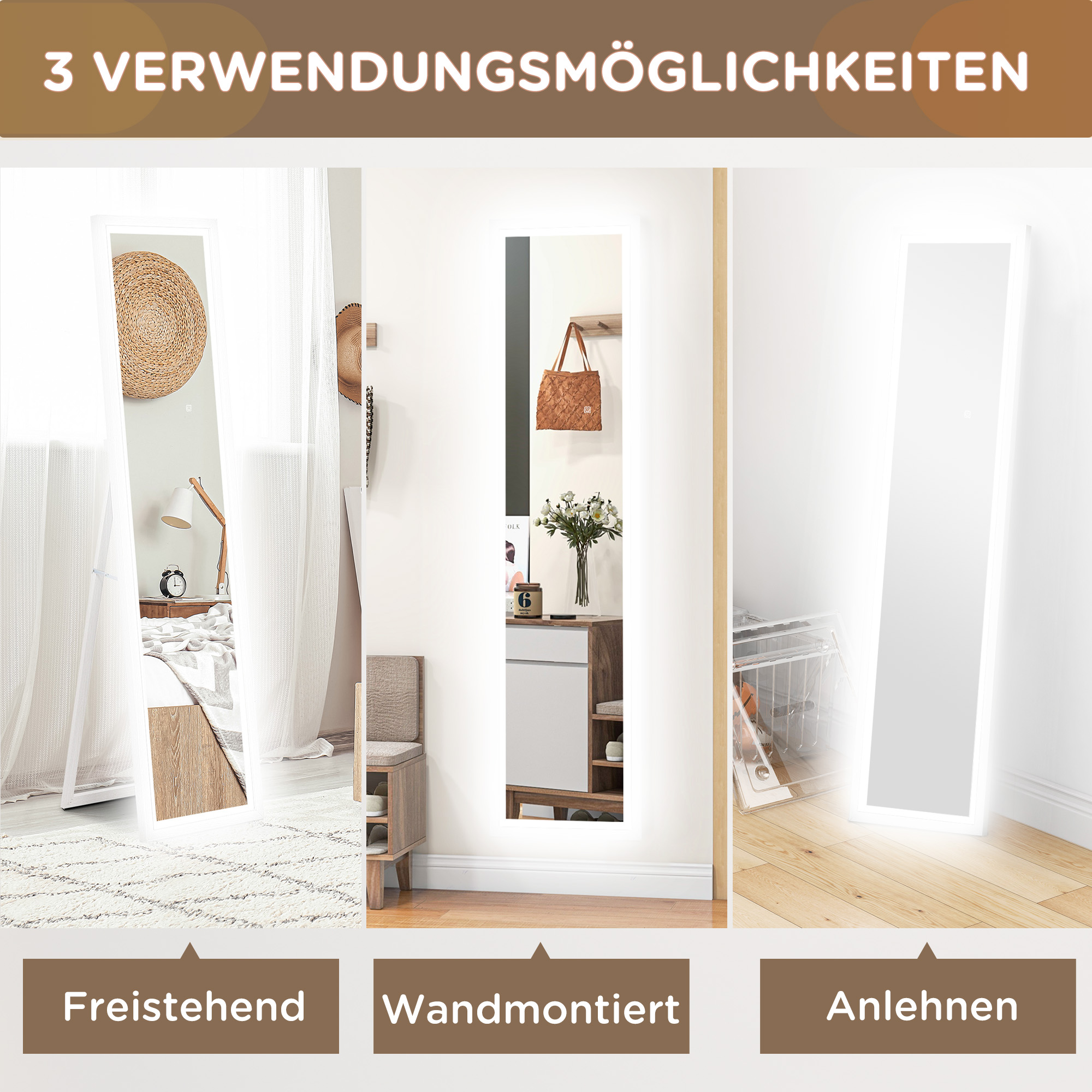 Ganzkörperspiegel, 40x160 cm, LED-Beleuchtung, Touch-Steuerung, dimmbar, 3 Farben, Weiß