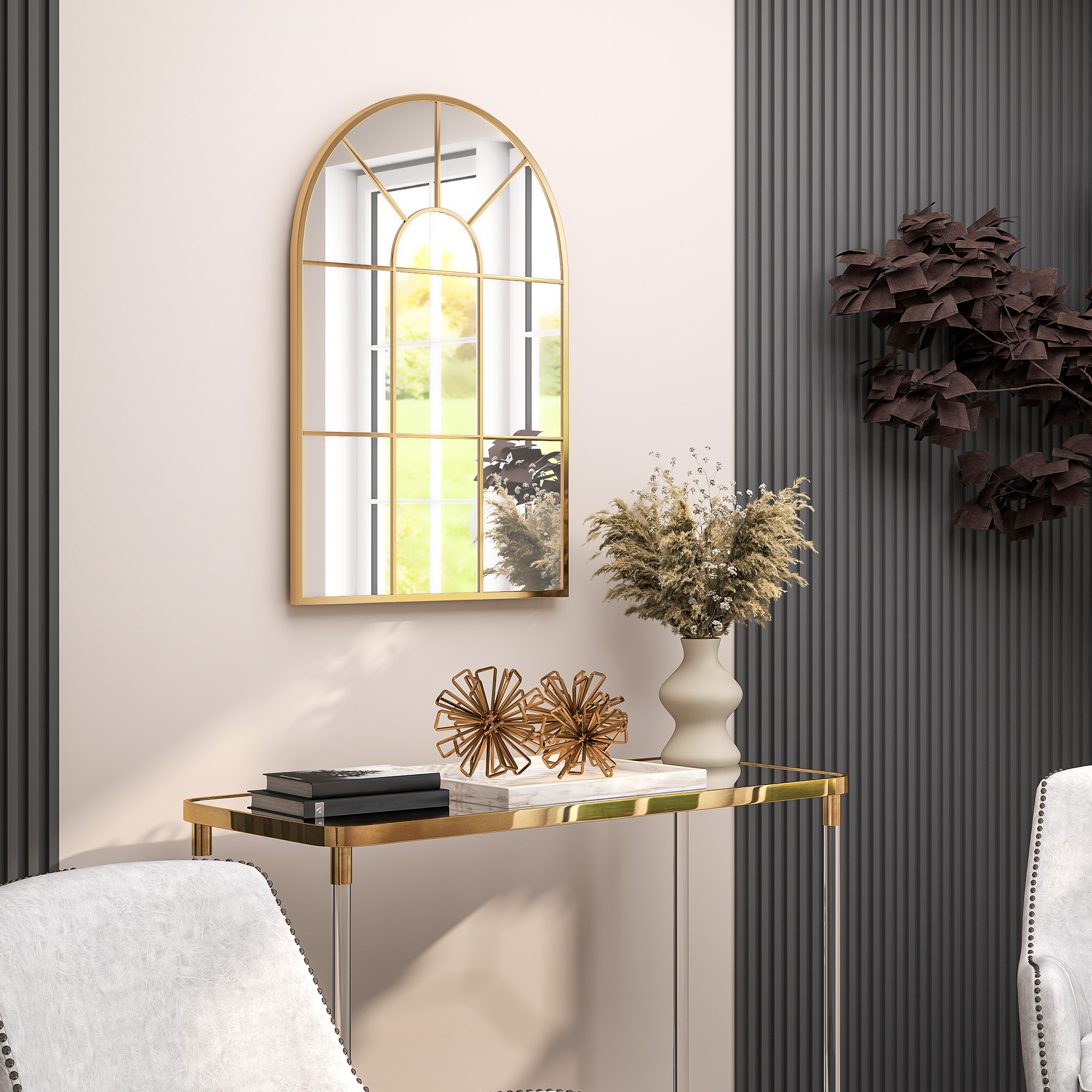 Wandspiegel, Fenster-Design, Flurspiegel, Metallrahmen, 91 x 60 cm, Gold