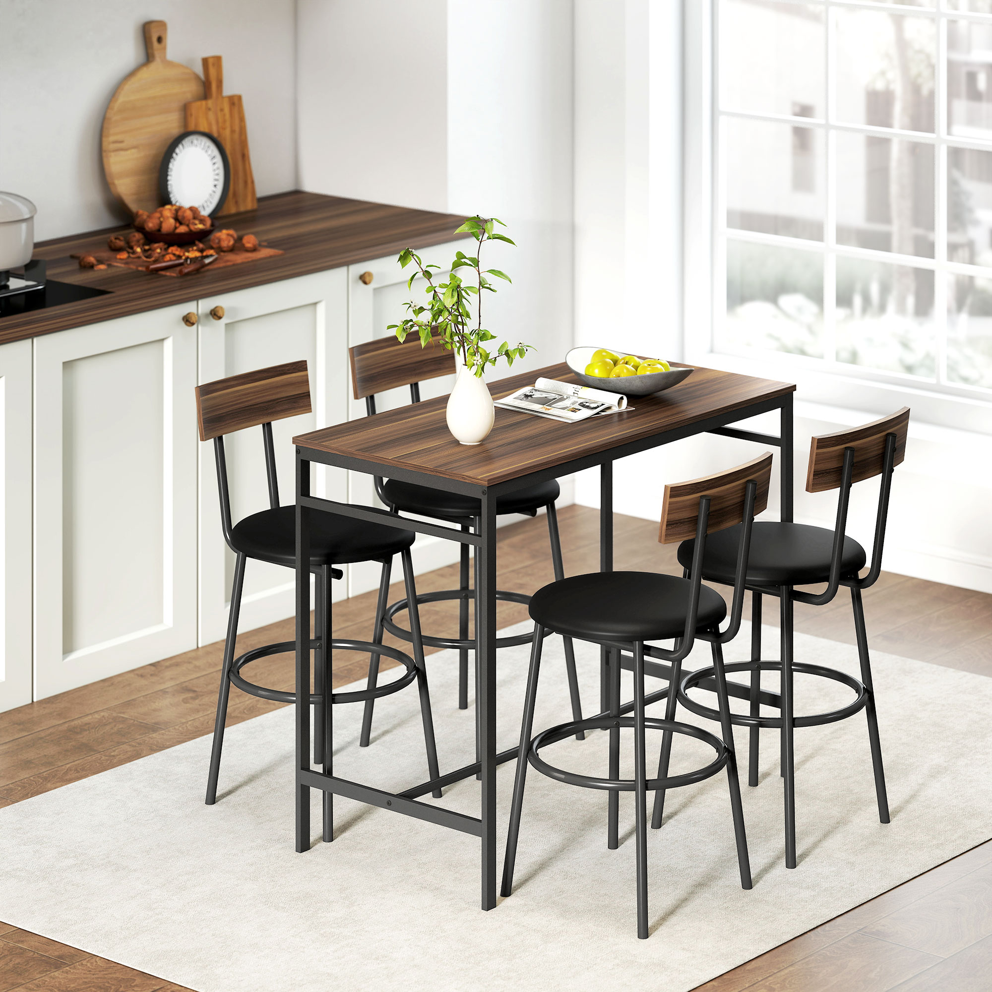 5-teiliges Bartisch-Set mit 4 Stühlen, Industrielles Design, für Küche, Esszimmer, Holz, Stahl, Braun
