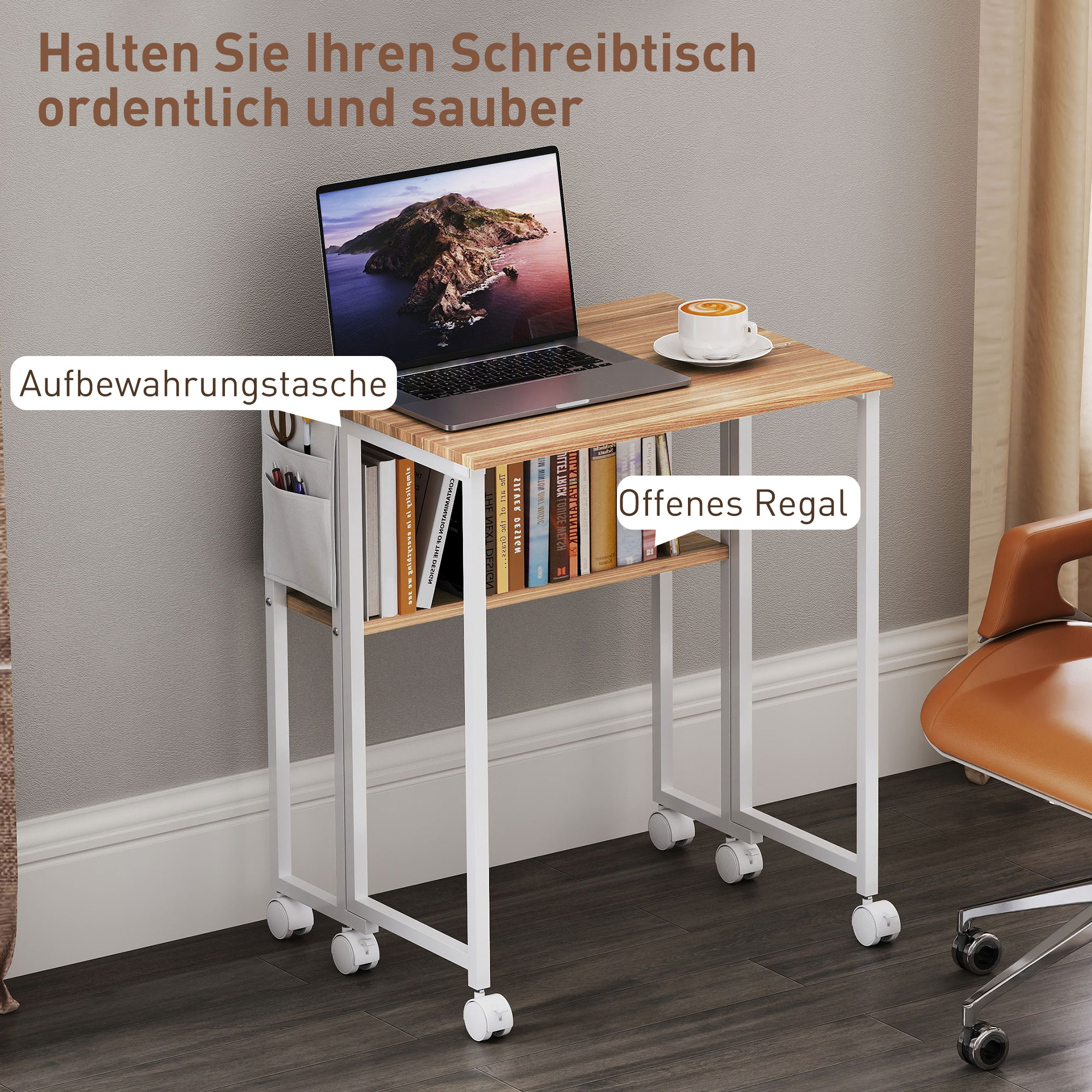 Faltbarer Schreibtisch, zum Beistelltisch umwandelbar, offenes Regal, Natur
