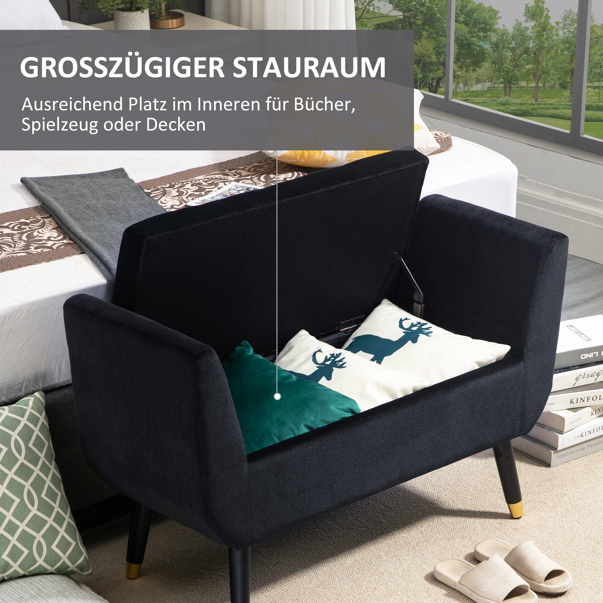 Sitzbank mit Stauraum Armlehnen Polsterbank mit Samtoptik, Sitztruhe mit Holzbeine, Truhenbank für Wohnzimmer Schlafzimmer Flur 107 x 42 x 65 cm, Schwarz