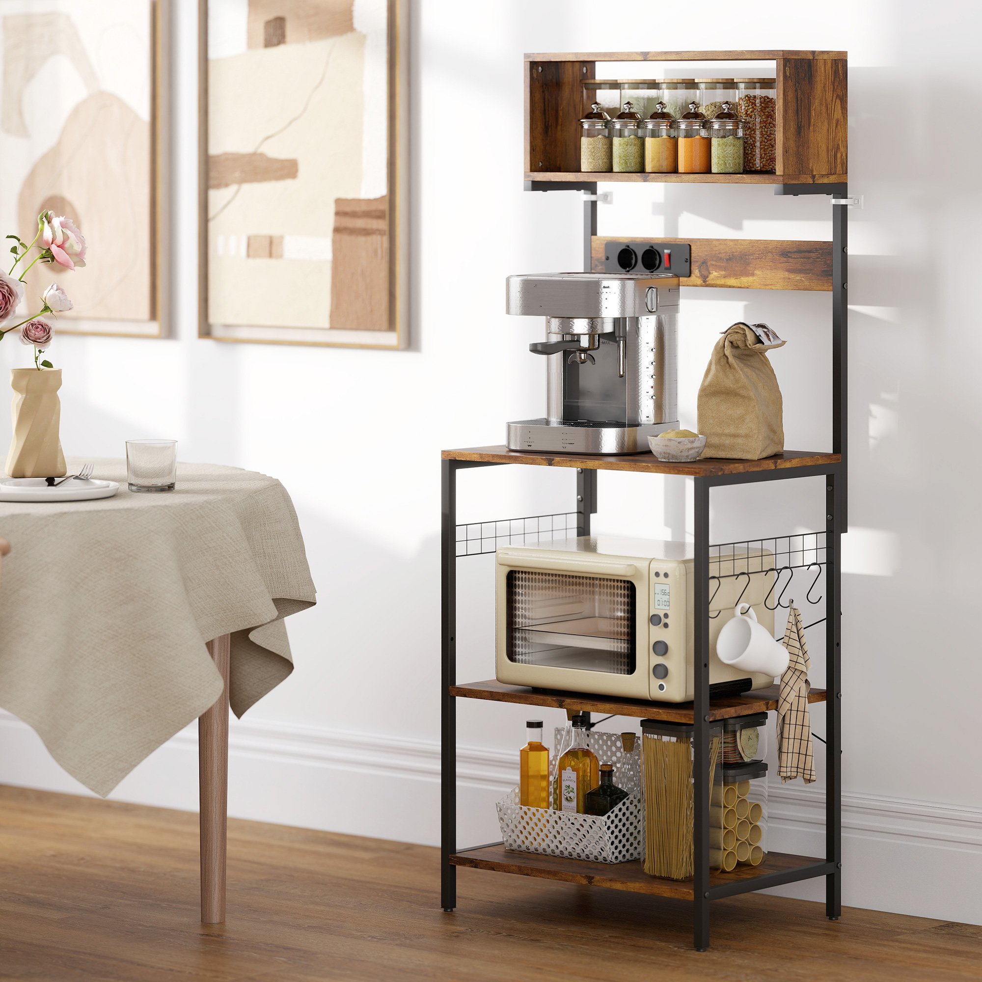 Küchenregal, Standregal mit 5 S-Haken, 5 Ablagen, Steckdose, aus Stahl, Rustikal-Braun, 60 x 42 x 153 cm