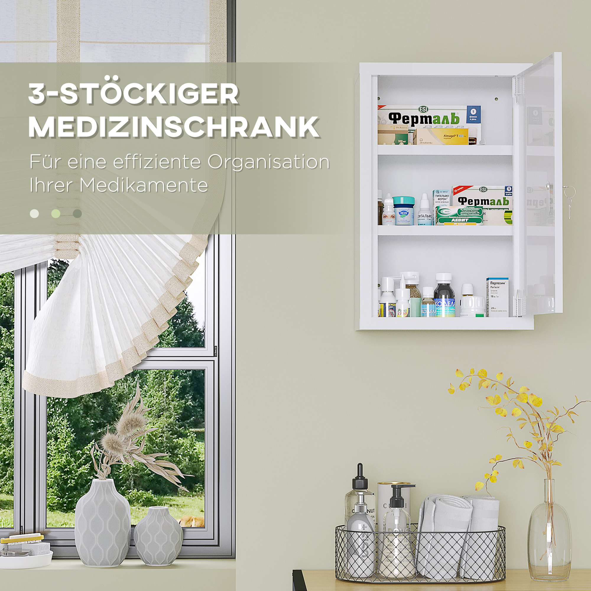 Medizinschrank, 3 Fächer, abschließbare Tür, stabiles Stahlgehäuse, weiß, 30 x 14 x 46 cm