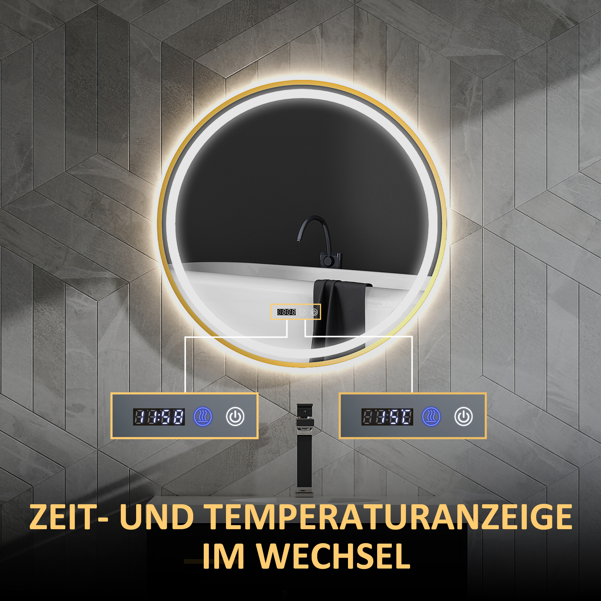 Runder Badezimmerspiegel mit LED-Lichtern, Badspiegel mit Anti-Beschlag-Funktion, Touch-Bedienung, Display