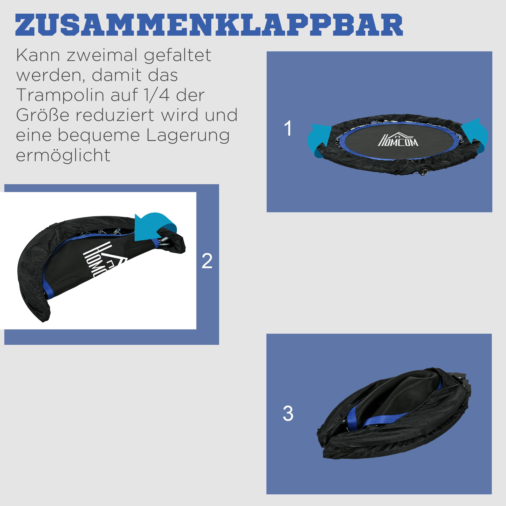 Fitnesstrampolin, klappbar, verstellbarer Haltegriff, Ø102x123H cm, bis 100 kg, Schwarz/Blau