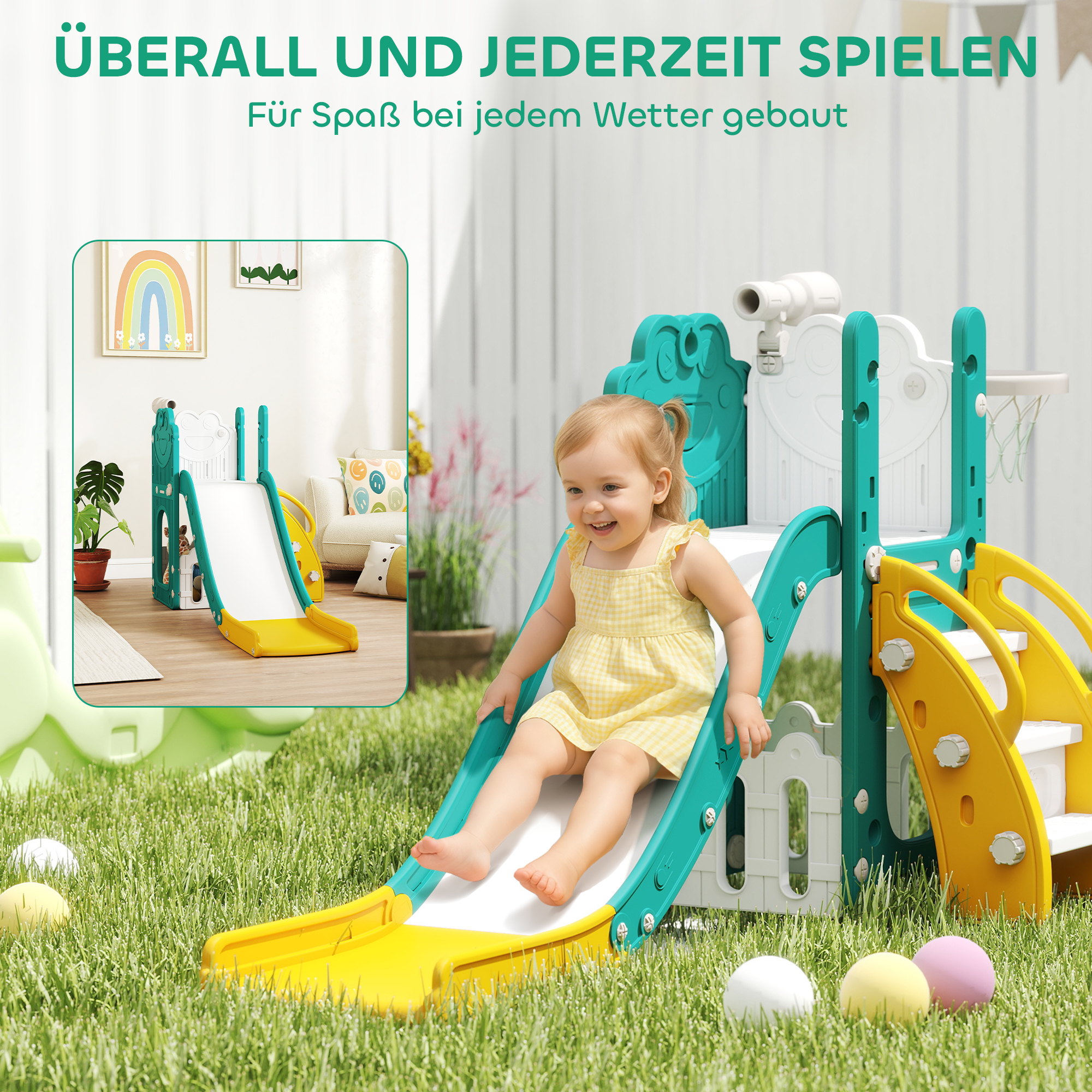 5-in-1 Kinderrutschenset, Teleskop, Basketballkorb, Kunststoff, Gelb+Grün