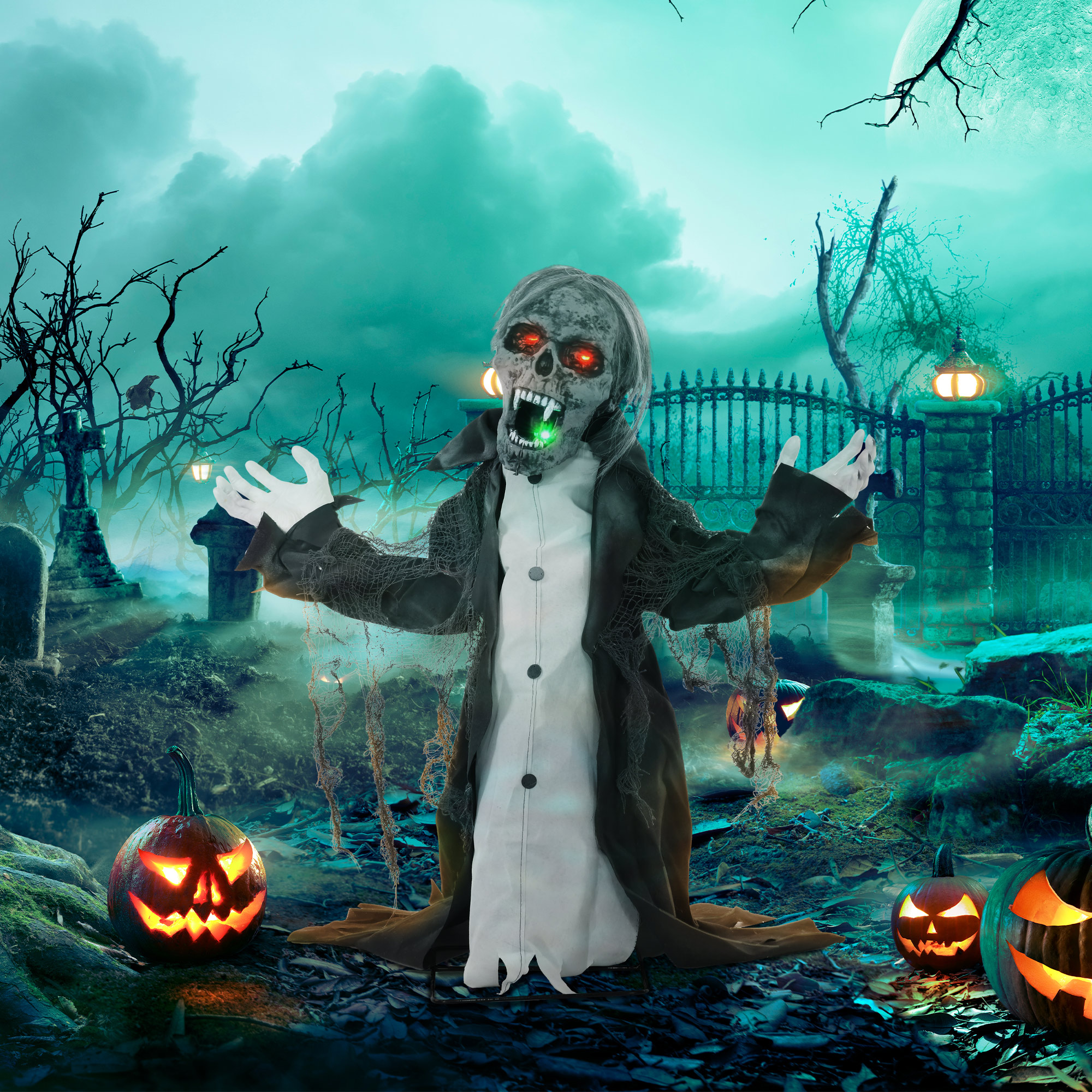 Halloweendeko, Skelett/Zombie, beweglich, Bewegungssensor, LEDs & Sounds, 75 cm