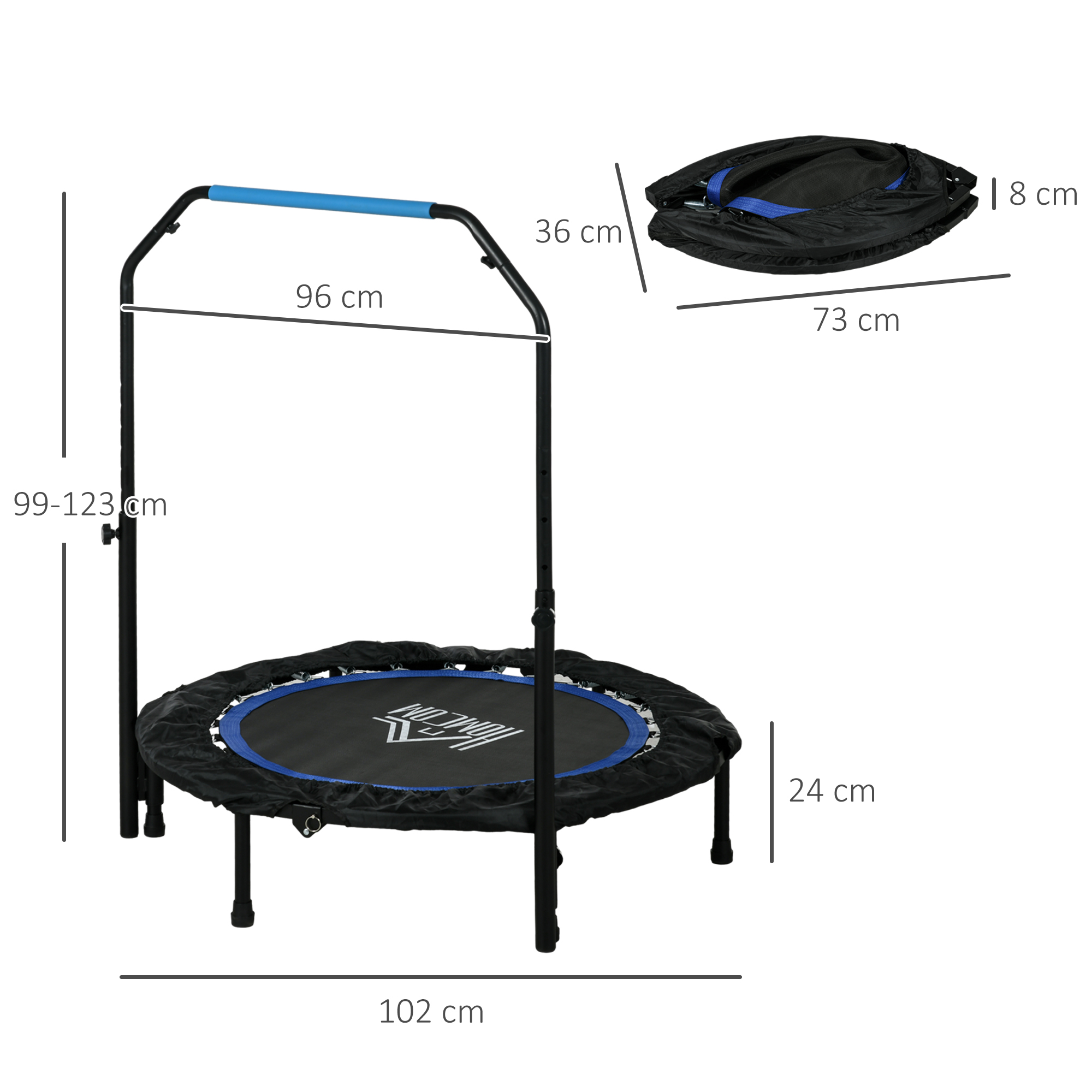 Fitnesstrampolin, klappbar, verstellbarer Haltegriff, Ø102x123H cm, bis 100 kg, Schwarz/Blau
