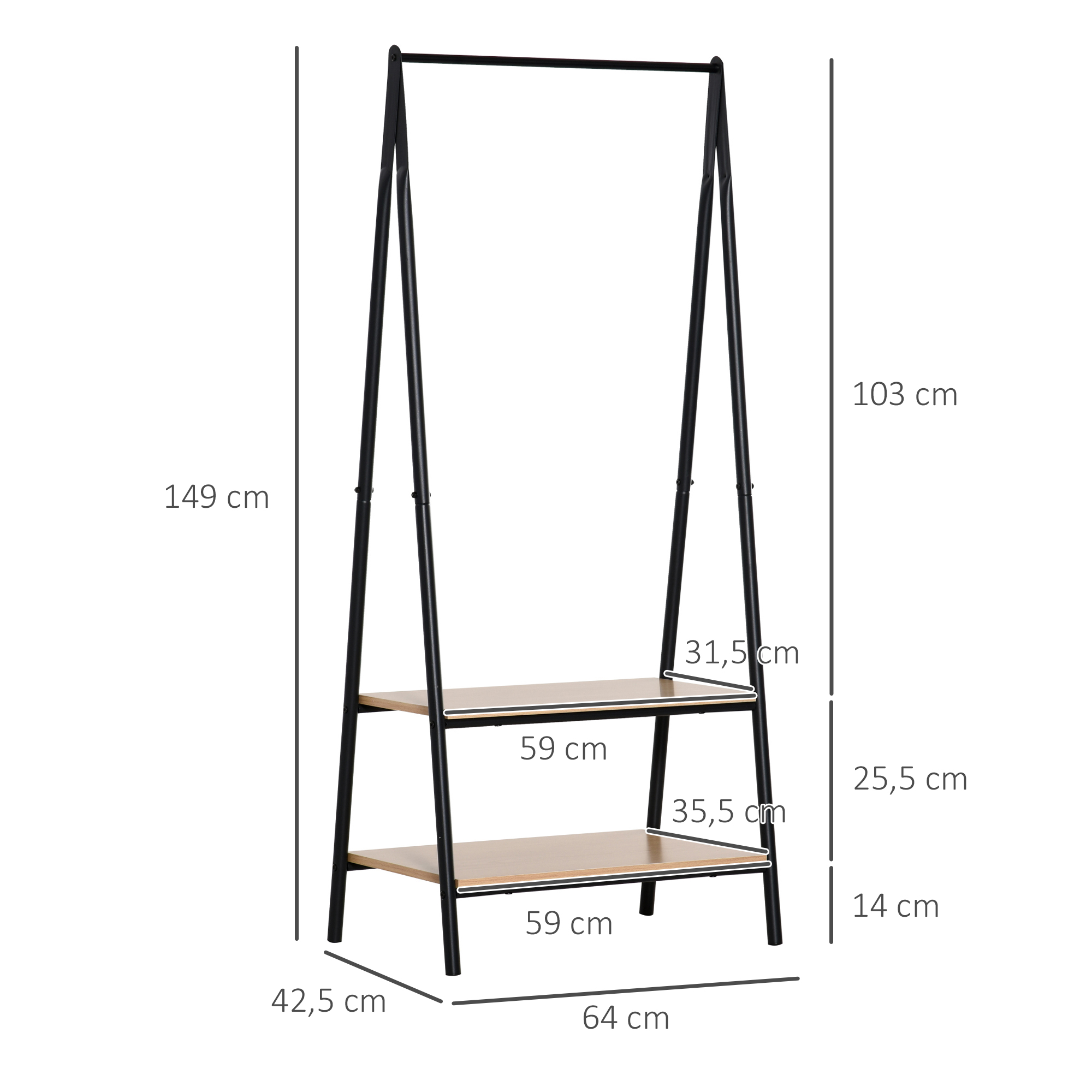 Gaderobenständer Kleiderständer Kleiderstange mit Schuhablage Wäscheständer Metall + Holz Schwarz + Natur 64 x 42,5 x 149 cm