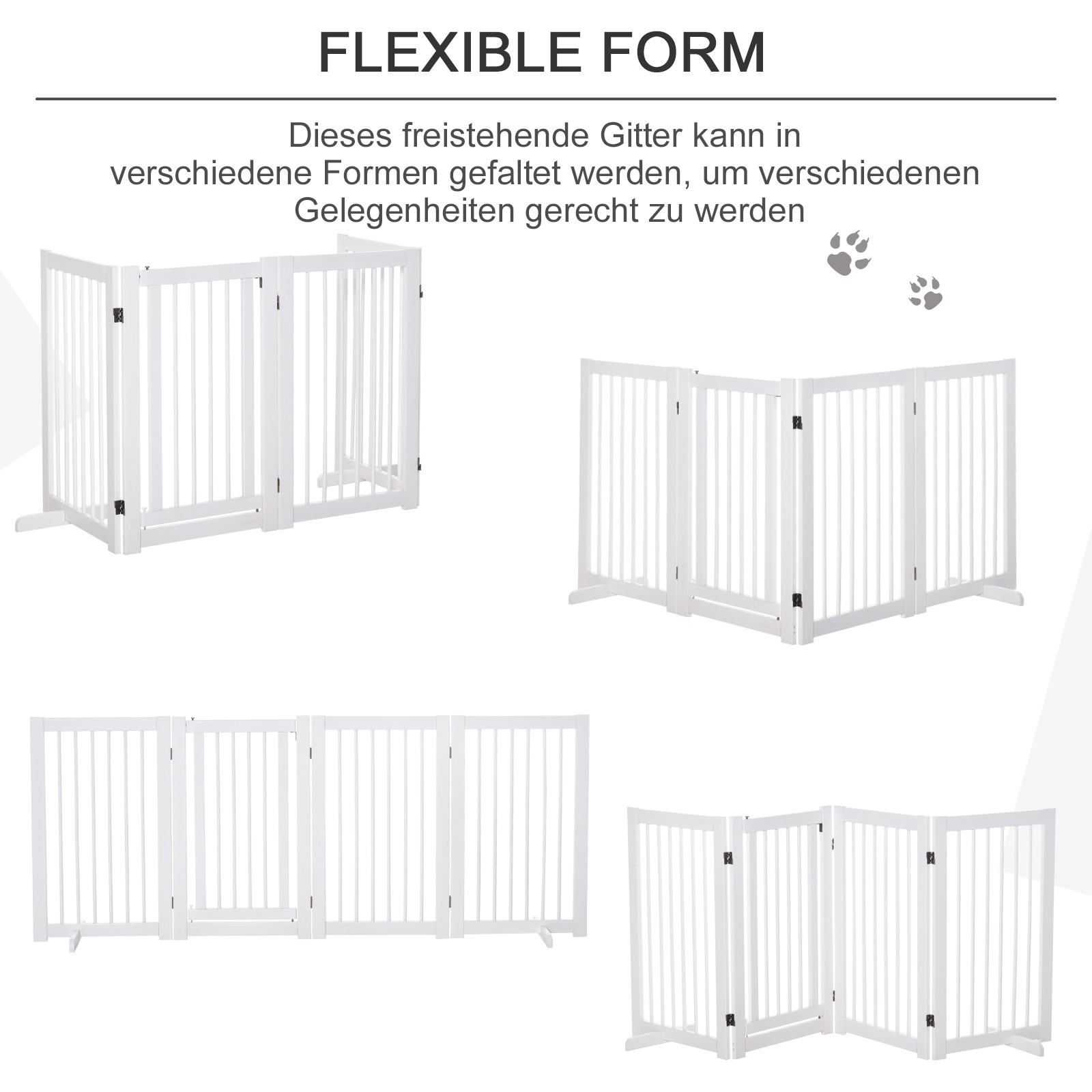 Absperrgitter Hund 4-teilig, 204 x 75 cm Faltbar Türschutzgitter mit Tür, Freistehend Hundegitter mit 2 Stützfüßen, Treppengitter aus Holz für Flur, Küche, Treppe, Weiß