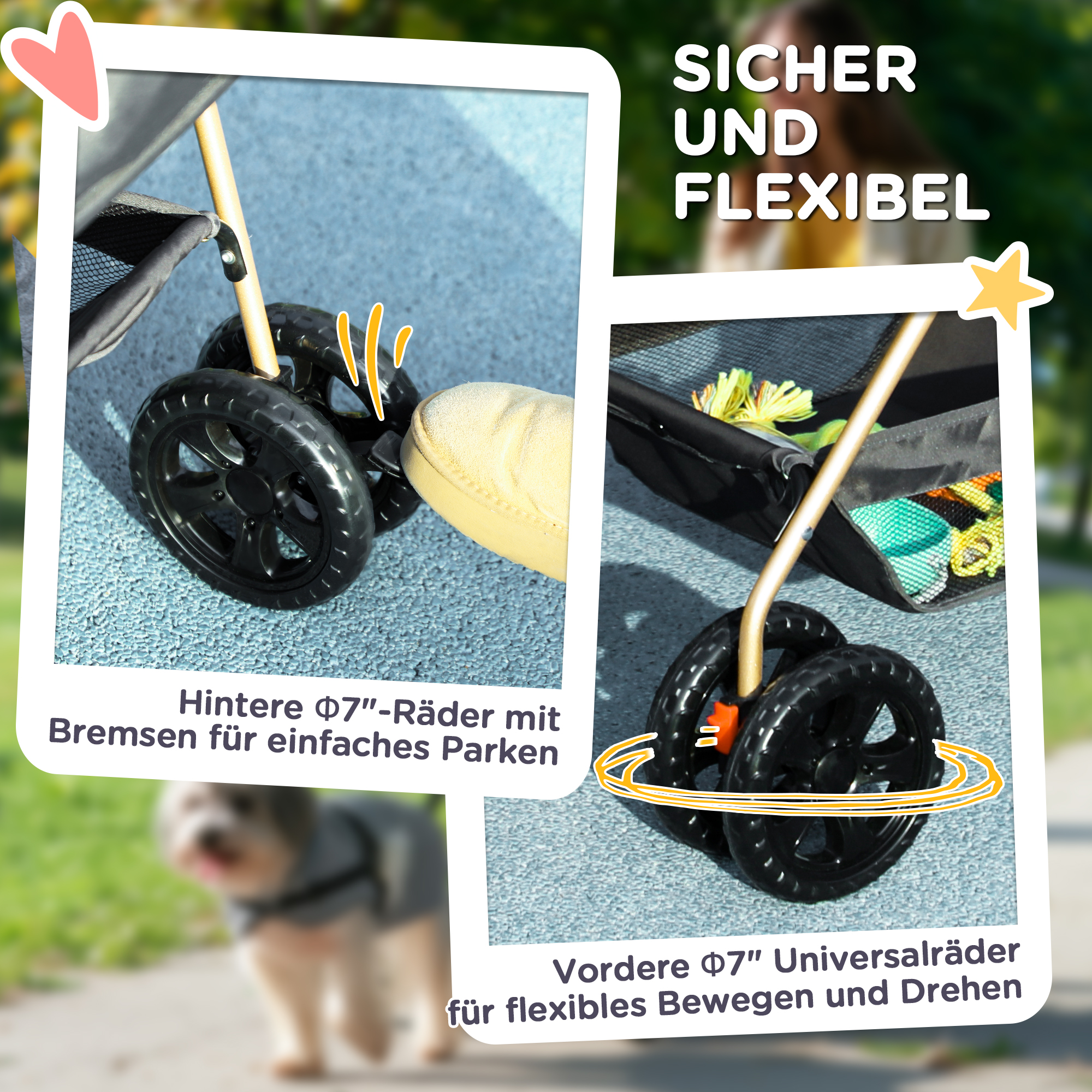 3-in-1-Haustierkinderwagen, zusammenklappbarer Hundewagen mit 4 Rädern und abnehmbarer Trage für Hunde und Katzen, Grau