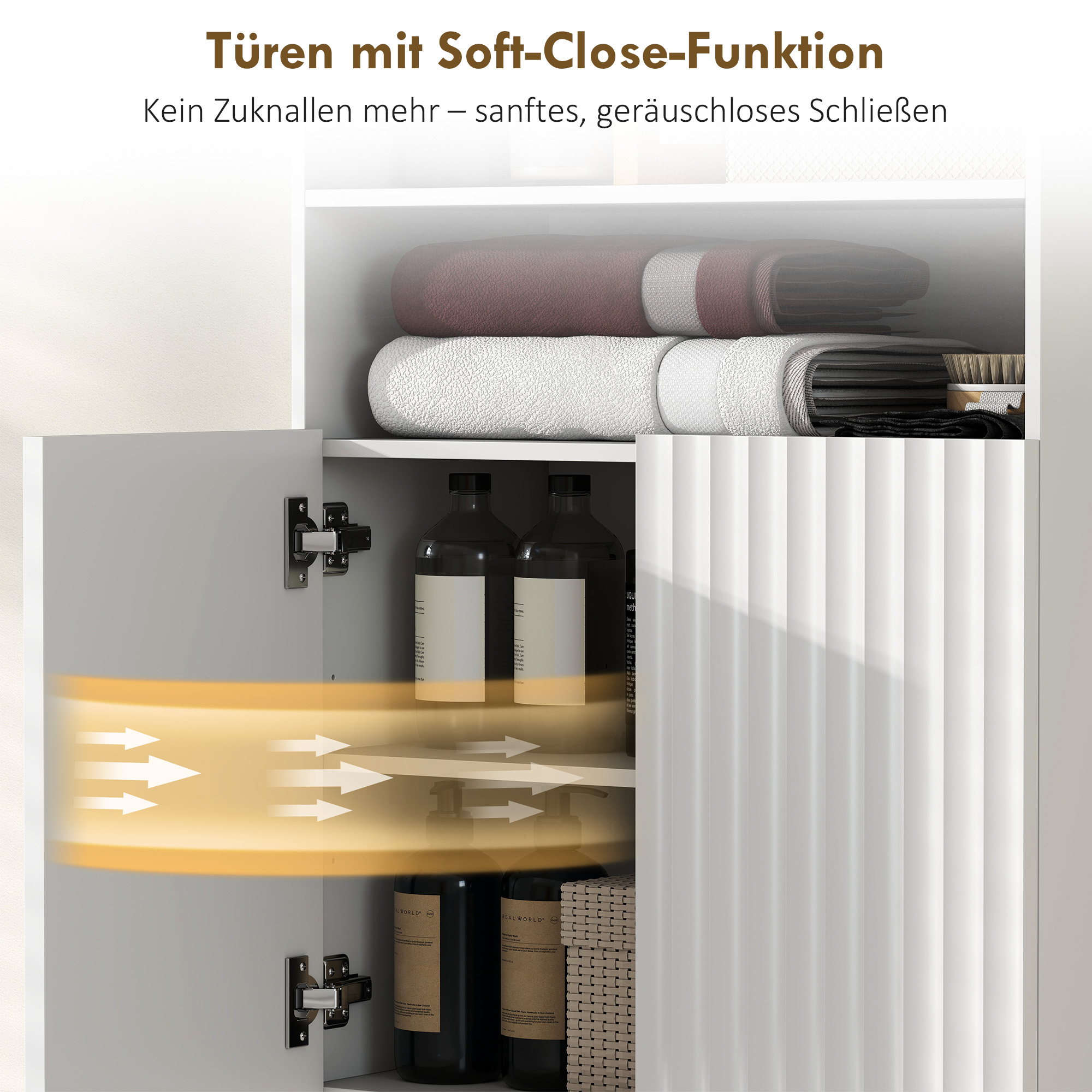 Badezimmerschrank, Kommode für Wohnräume, Soft-Close-Türen, 2 offene Regale, MDF, Weiß
