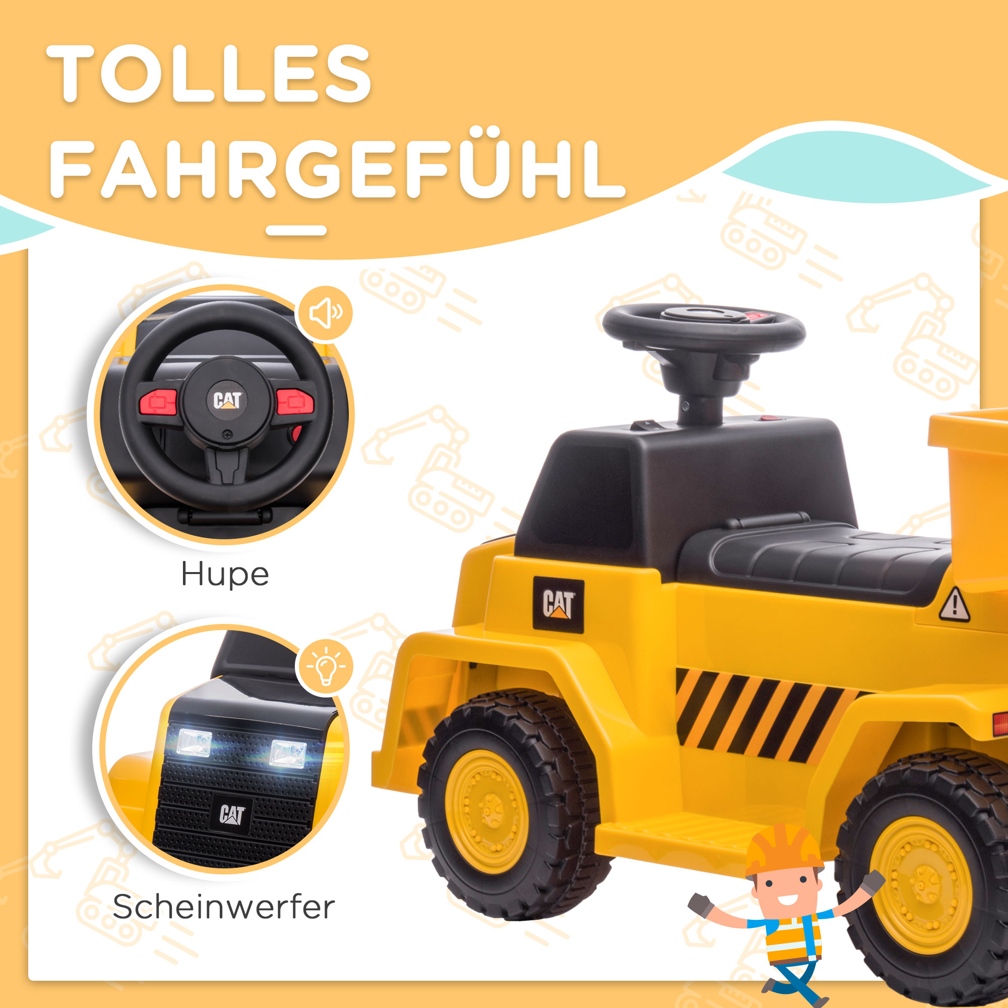 Elektro-Kipplaster für Kinder, kippbare Ladefläche, max, 3 km/h, Scheinwerfer, Hupe, gelb, 74,5 x 36 x 43,5 cm