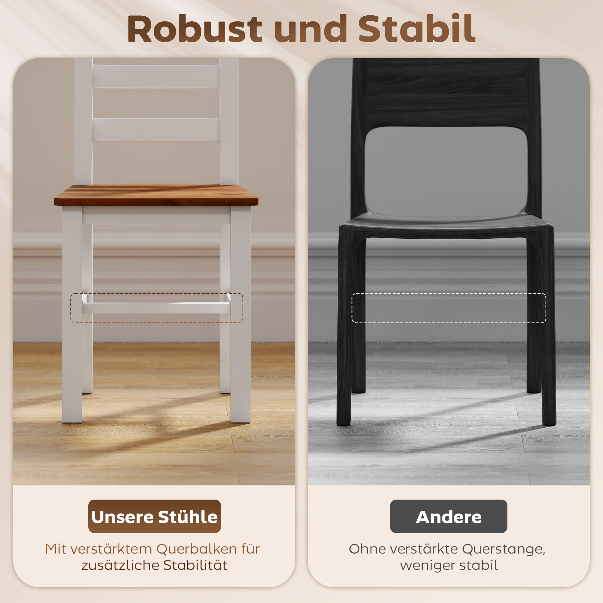 Essgruppenset, Esstisch, 4 Stühle, Esszimmerset, Kiefernholz, Braun+Weiß
