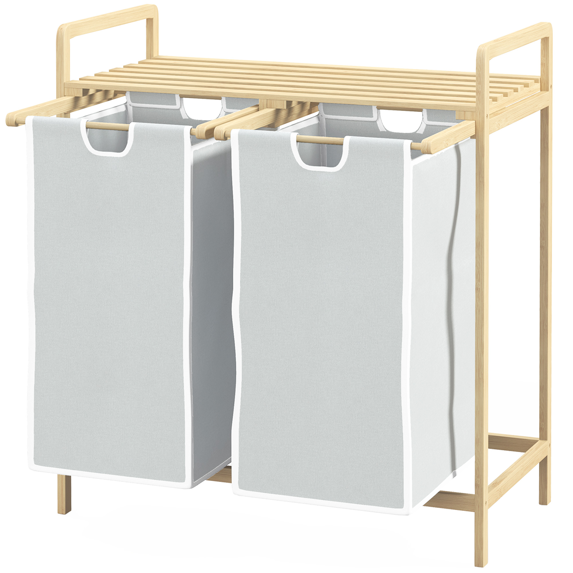 Wäschekorb mit 2 Waschsäcken, 1 Ablage, Bambus, 63,5 cm x 33 cm x 73 cm, Hellgrau + Natur