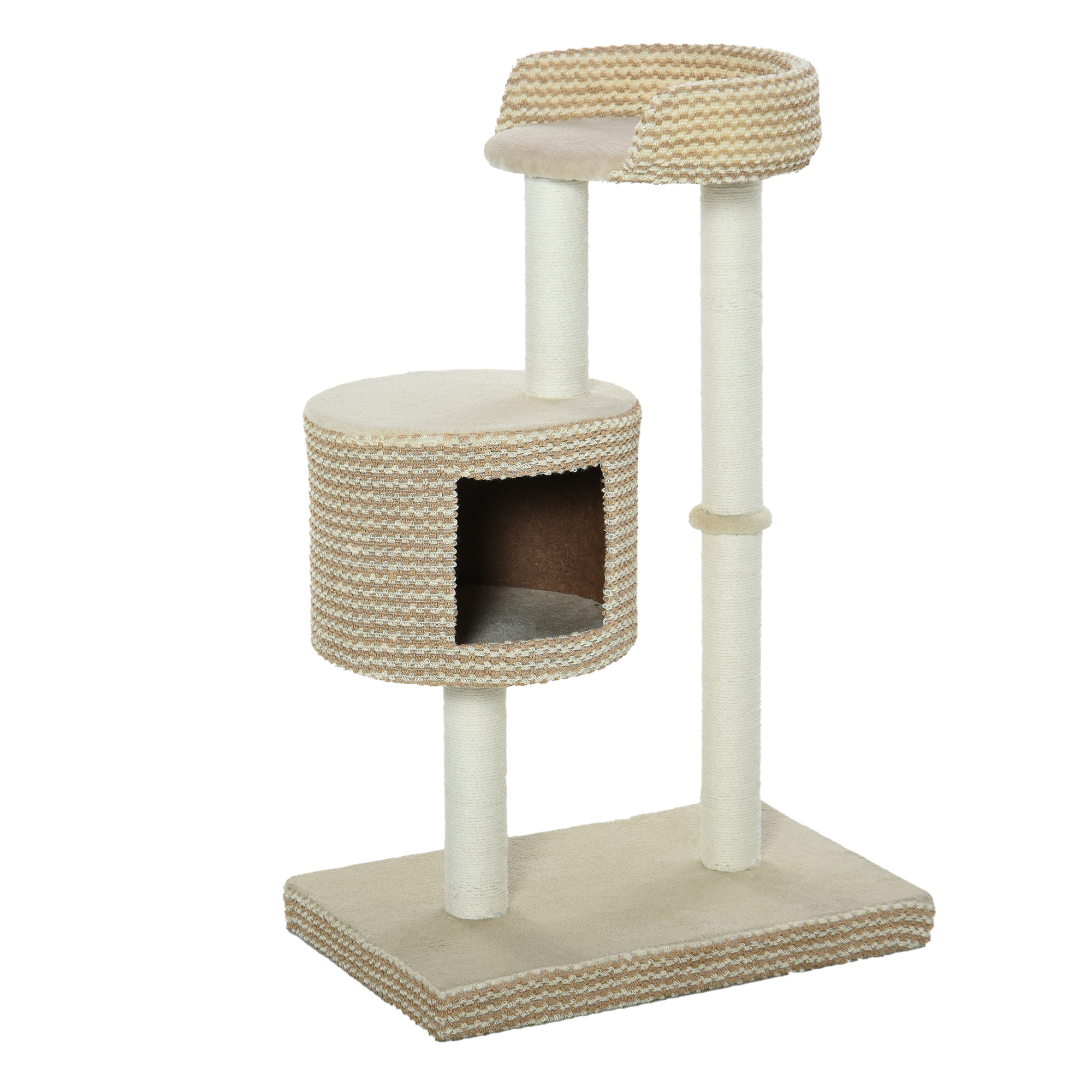 Katzenbaum Kratzbaum Kletterbaum Katzenkratzbaum, kuschelige Aussichtsplattformen, beige und kaffee, Spanplatte, Plüsch, Jute, 61x41x96 cm