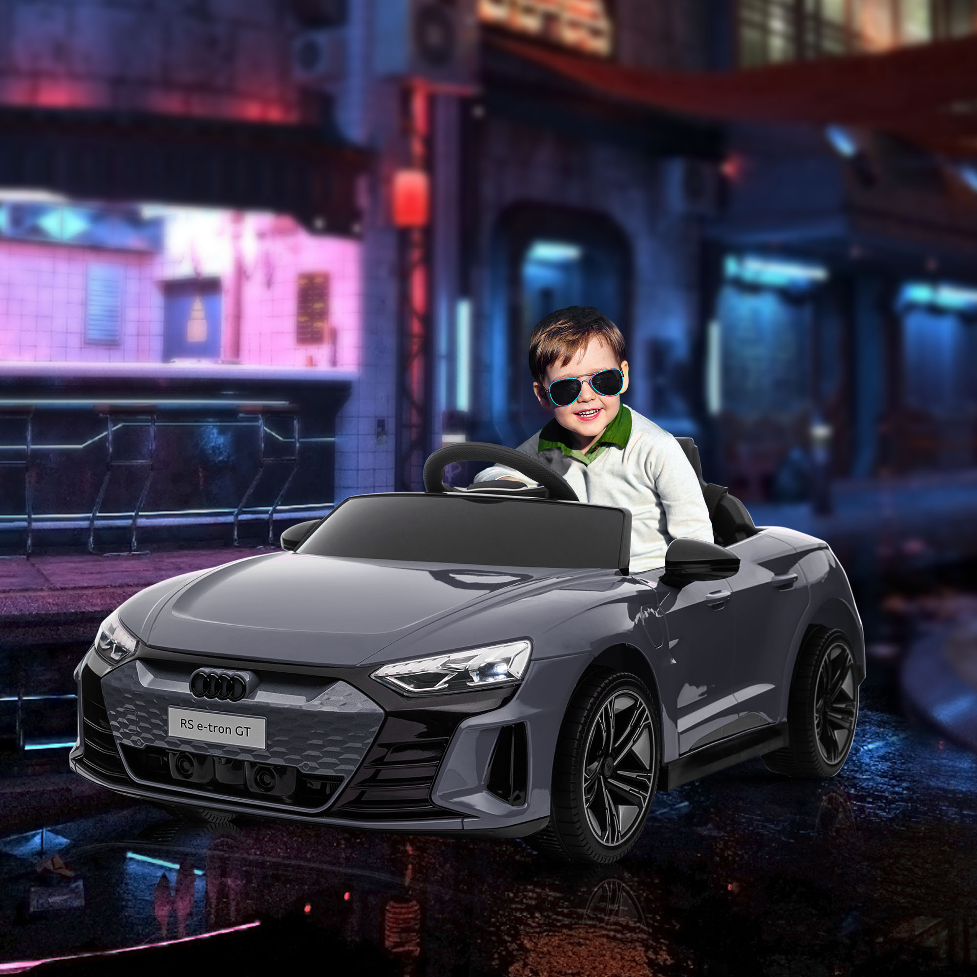 Kinder-Elektroauto mit Fernbedienung, Sicherheitsgurt, Hupe, Musik, Scheinwerfer, bis 5 km/h, 3-5 Jahre, Grau