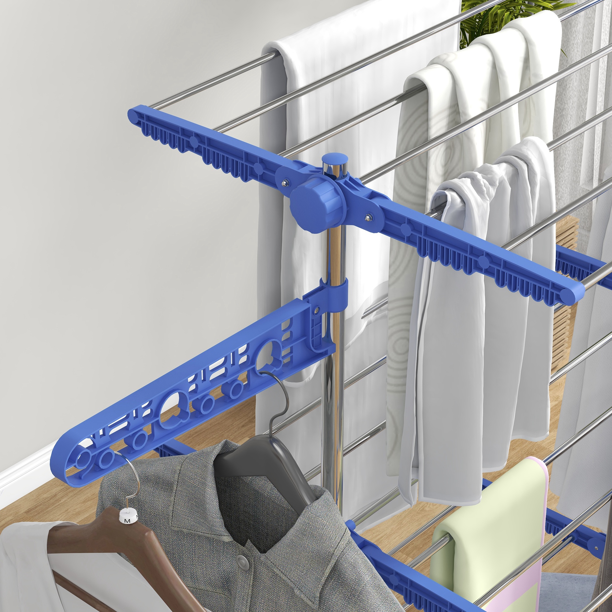 Wäschenständer Wäschetrockner, 4 Ebenen, klappbar, One-Klick-System, 142 cm x 55 cm x 152 cm Blau + Silber
