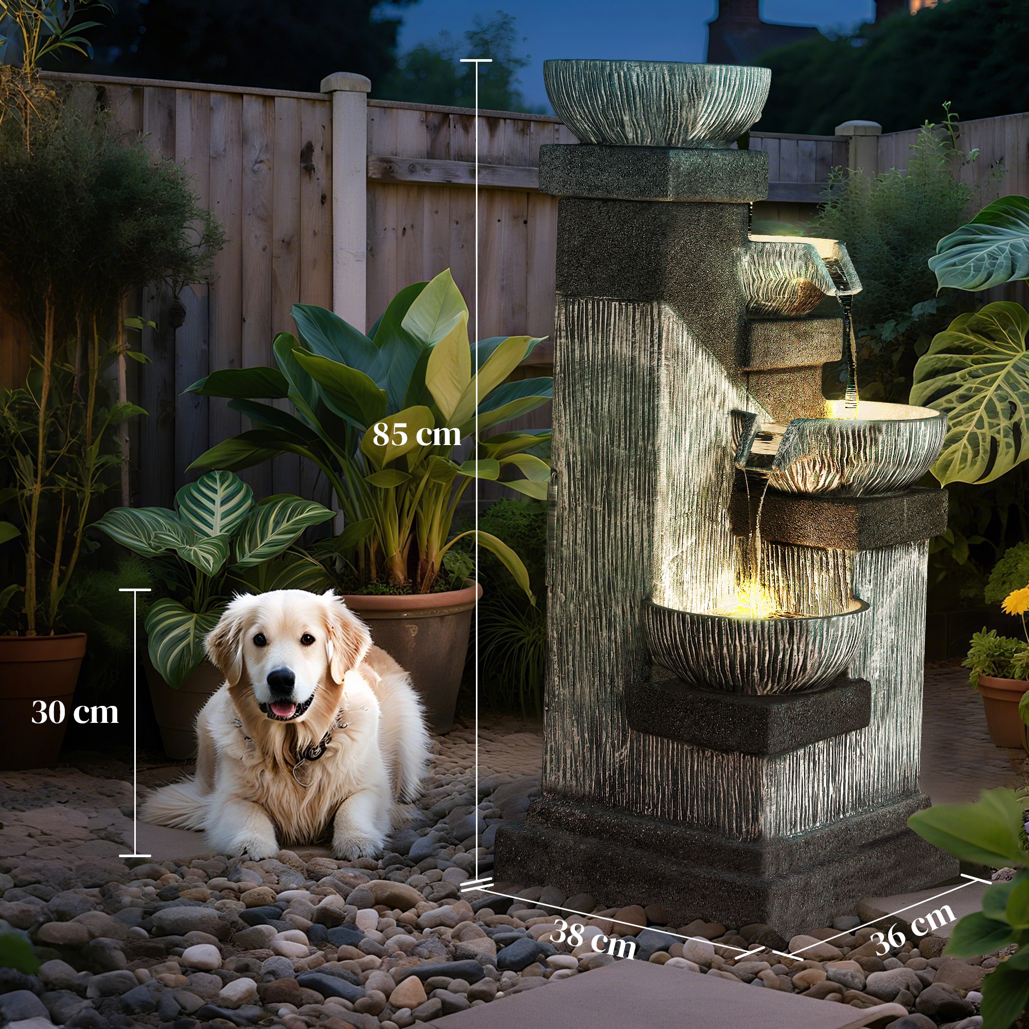 85 cm Outdoor-Brunnen, 4-stufiger Zierbrunnen, künstlicher Wasserfall mit LED-Beleuchtung und Pumpe, Grau