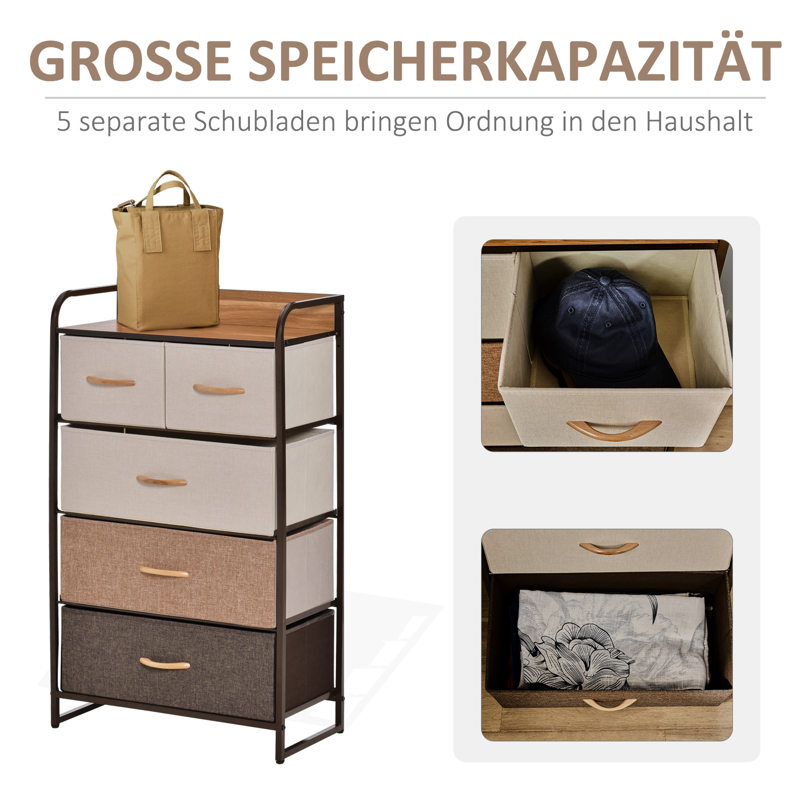 Kommode mit 5 faltbaren Stoffschubladen, Ablage, stabiler Stahlrahmen, 58 x 29 x 99 cm