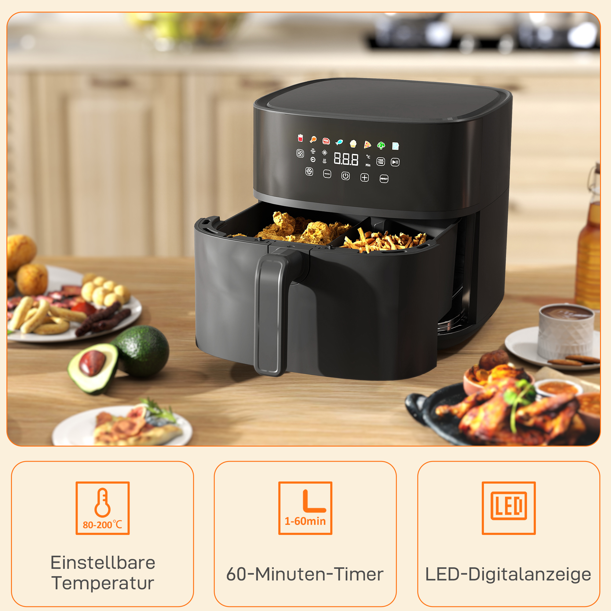 Heißluftfritteuse, Air Fryer, 8 Programme, 8 Liter, LED-Screen, Schwarz