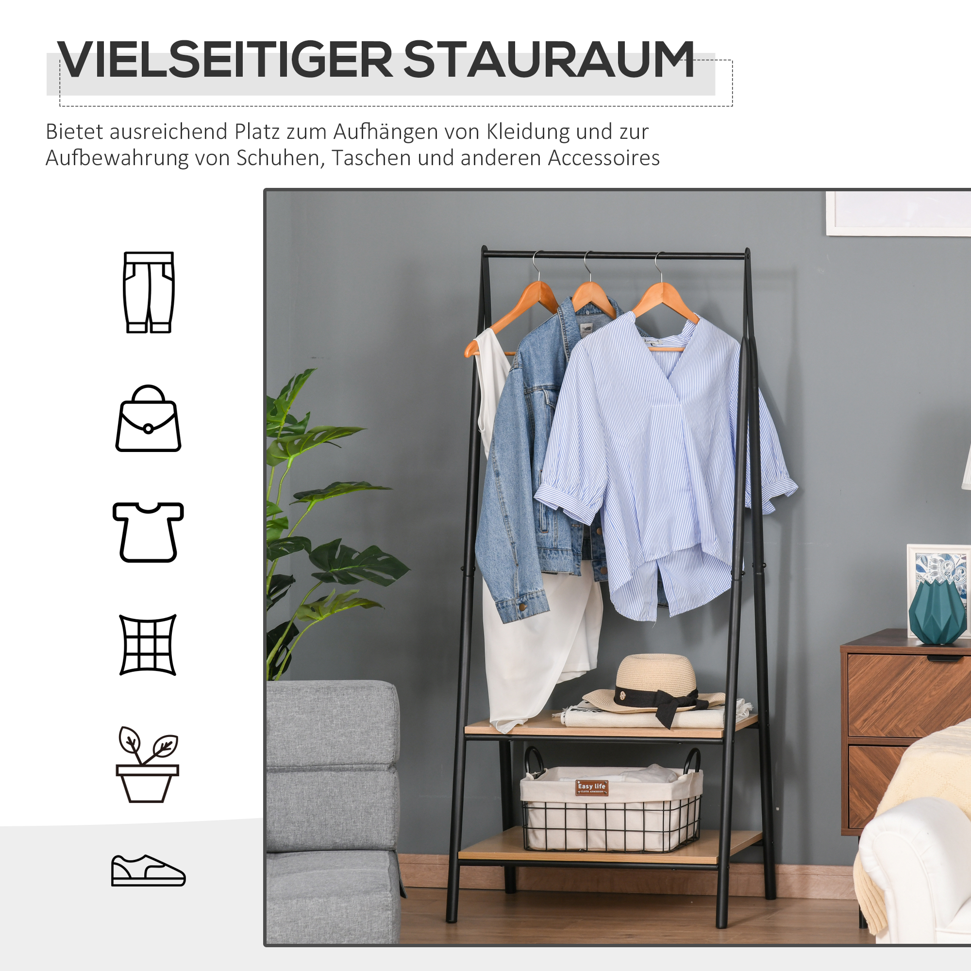 Gaderobenständer Kleiderständer Kleiderstange mit Schuhablage Wäscheständer Metall + Holz Schwarz + Natur 64 x 42,5 x 149 cm