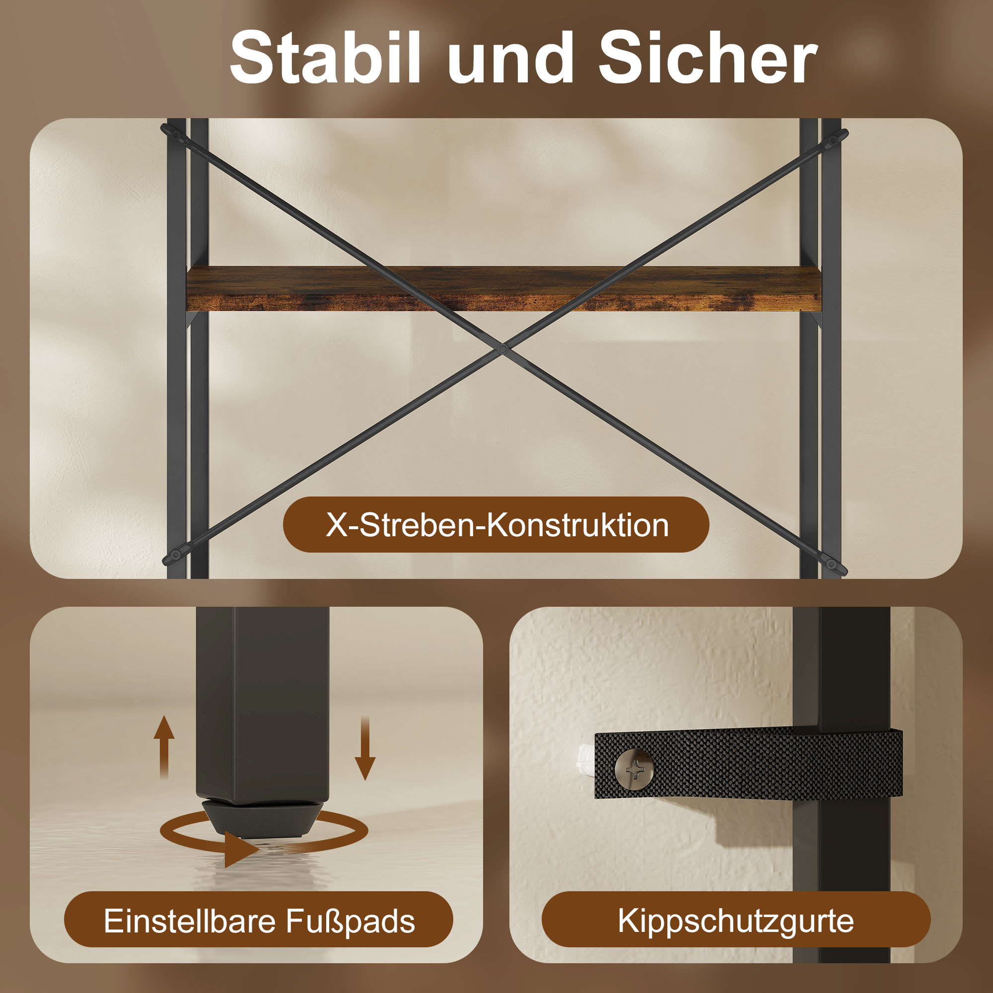 Bücherregal, 5 Ebenen, Metall, Melaminoberfläche, Braun