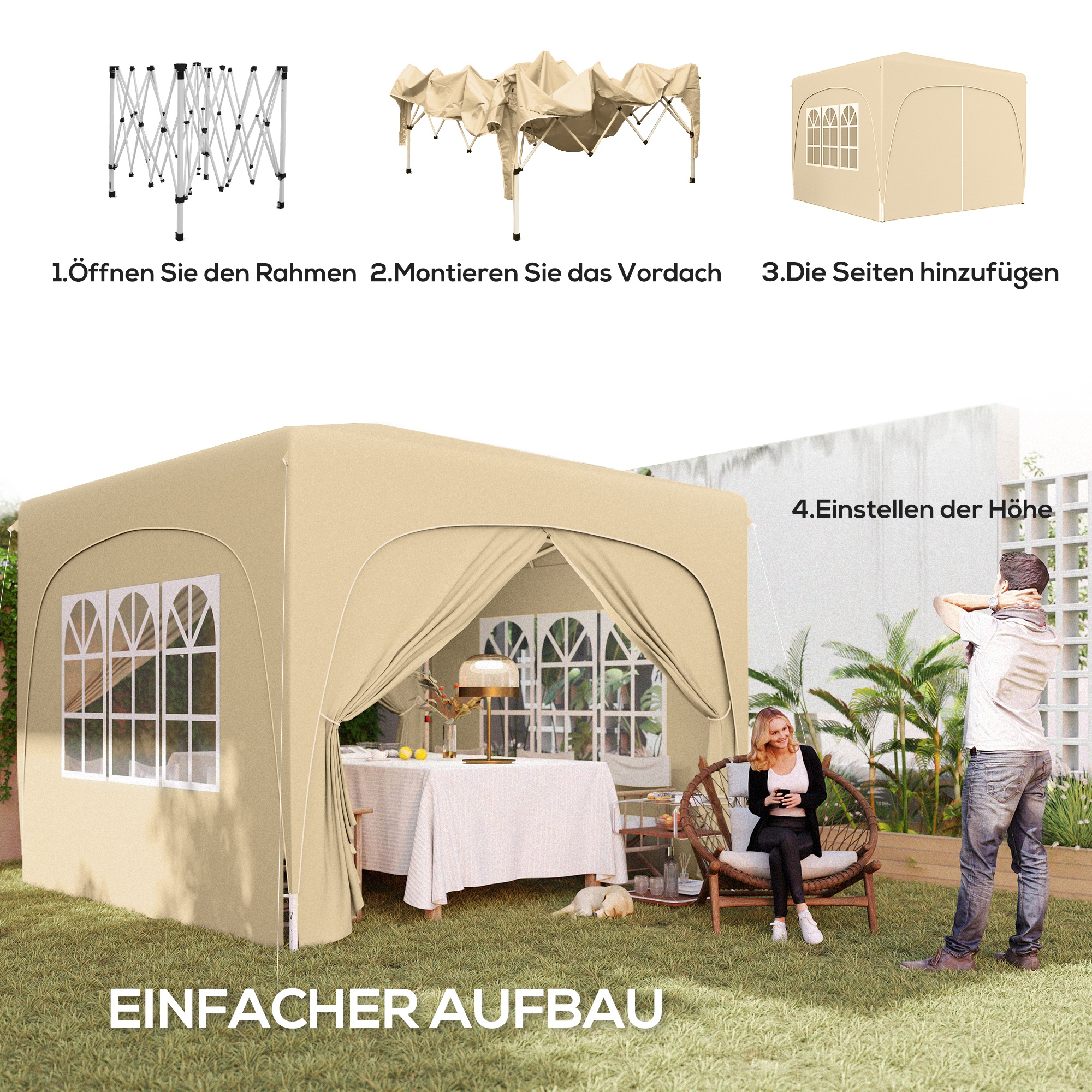 3 x 3 m Pavillon, Pop-up Gartenzelt mit Seitenwänden und Tragetasche, UPF50+, höhenverstellbar, Sand