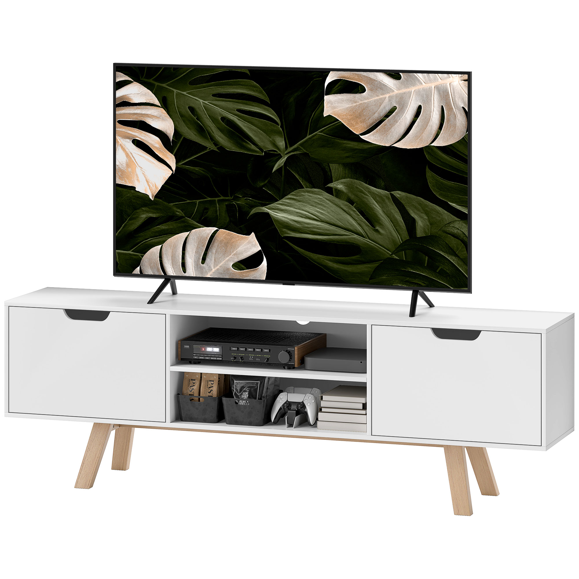 TV-Kommode mit Schubladen und offenen Regalen, MDF, 150 x 39 x 50 cm, Weiß TV-Kommode mit Schubladen und offenen Regalen, MDF, 150 x 39 x 50 cm, Weiß