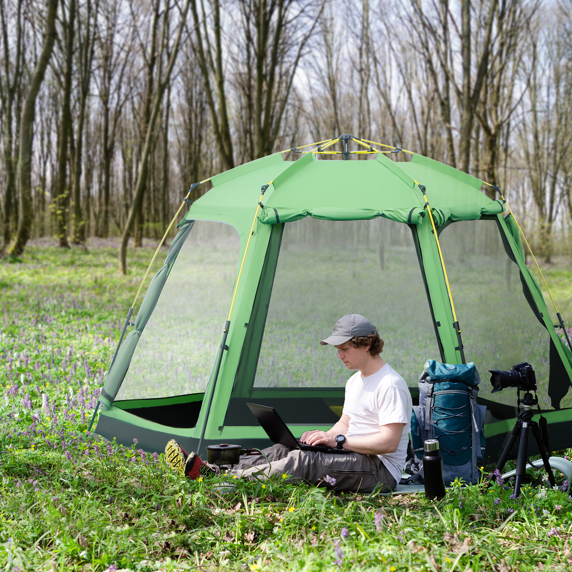 Camping Zelt 6 Personen Zelt Familienzelt Kuppelzelt Kunstleder2000mm einfache Einrichtung für Familien Trekking Festival Stahl Glasfaser Grün 320 x 320 x 180 cm
