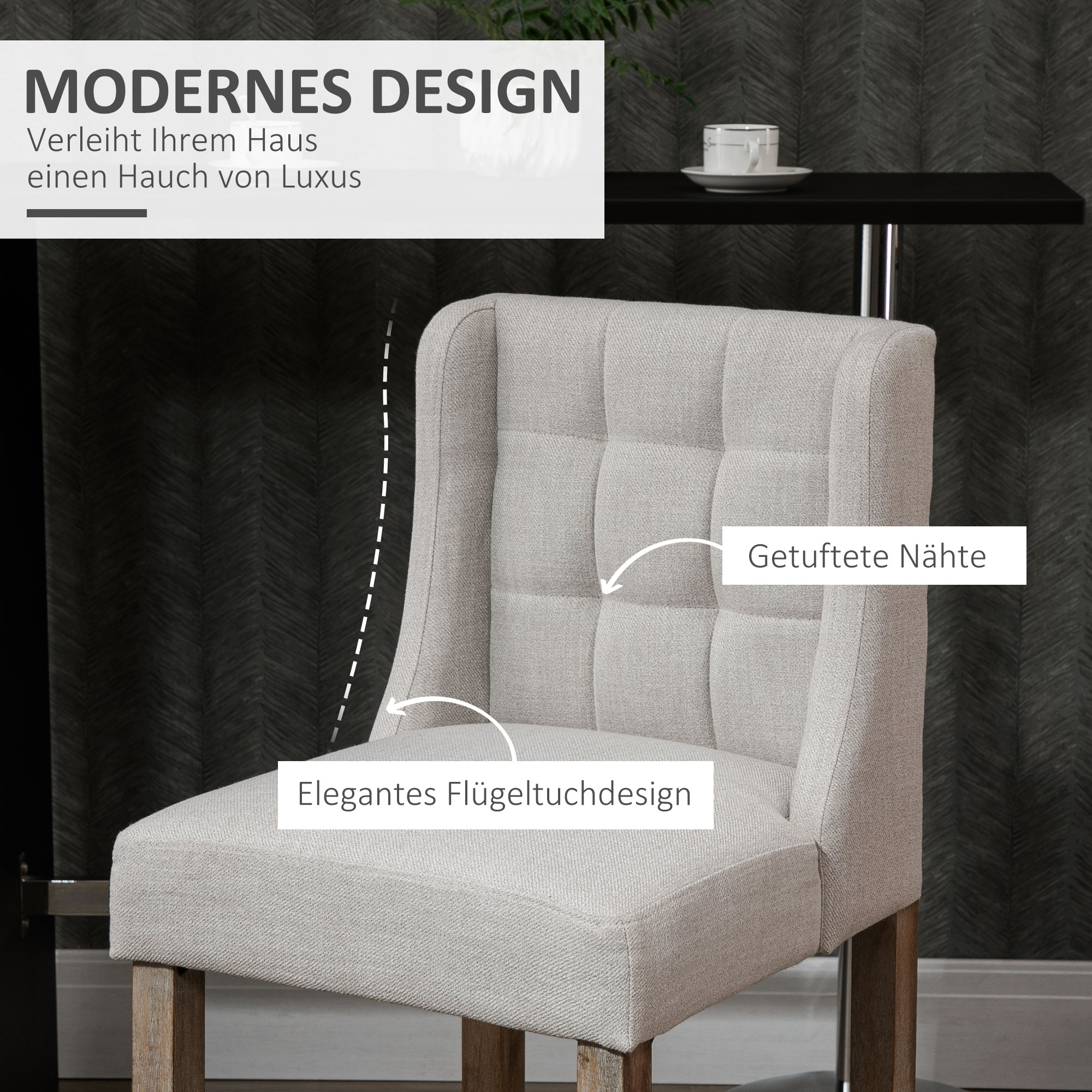 2er-Set Barhocker mit lehne Barstühle mit Knopfheftung, Massivholz, inkl. Fußstütze, 47 cm x 50 cm x 101 cm, Grau + Natur