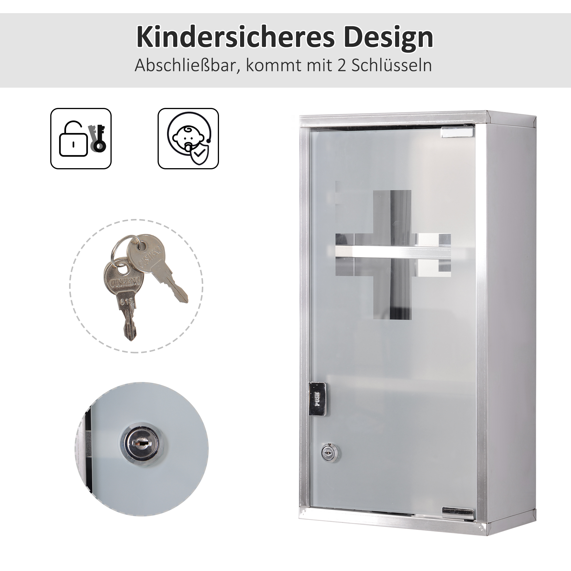 Medizinschrank aus Edelstahl Arzneischrank zur Medikamenten-Aufbewahrung, Abschließbar Medikamentenschrank mit 3 Fächer, Glastür 25 x 12 x 48 cm, Silber