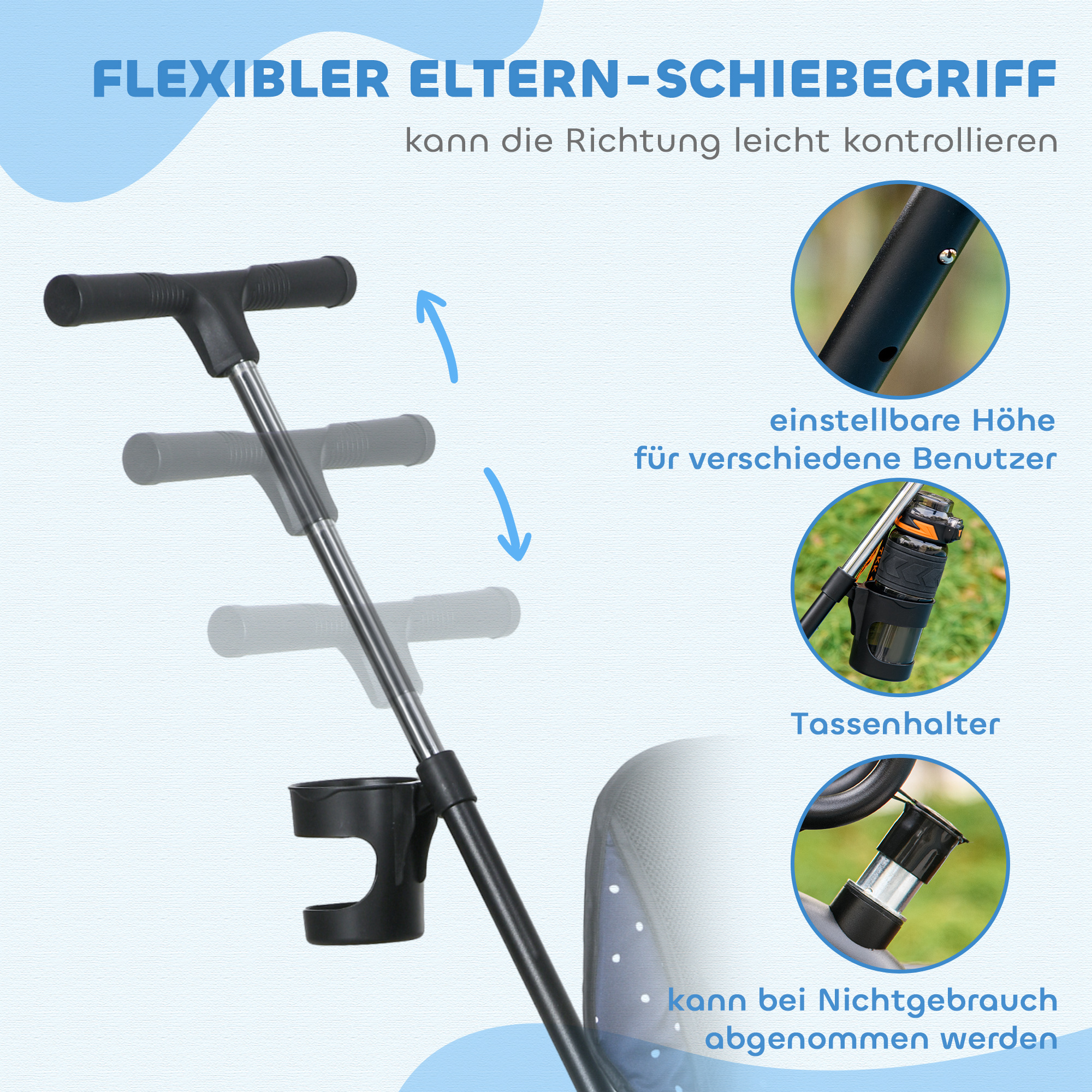 6-in-1 Kinderdreirad mit Schiebestange, Dach, Gurt, Ablagekorb, für 1-5 Jahre, Dunkelblau