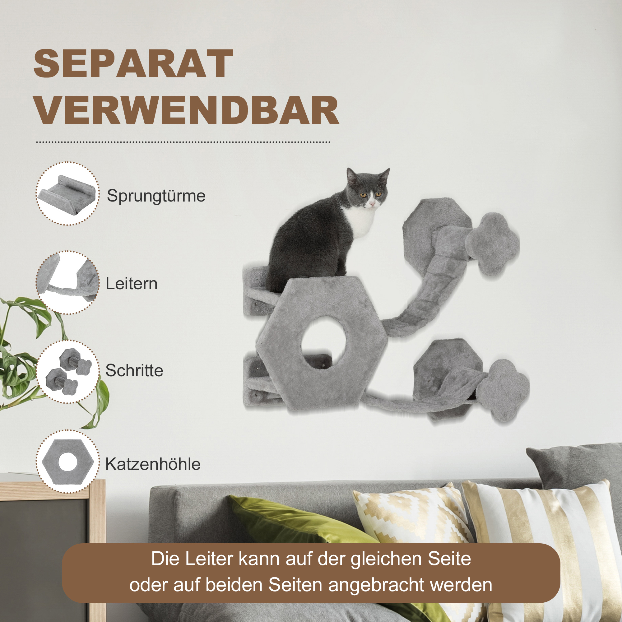 Katzen Kletterwand, inkl. Katzenhaus, Leitern, Spielball, platzsparend, Hellgrau