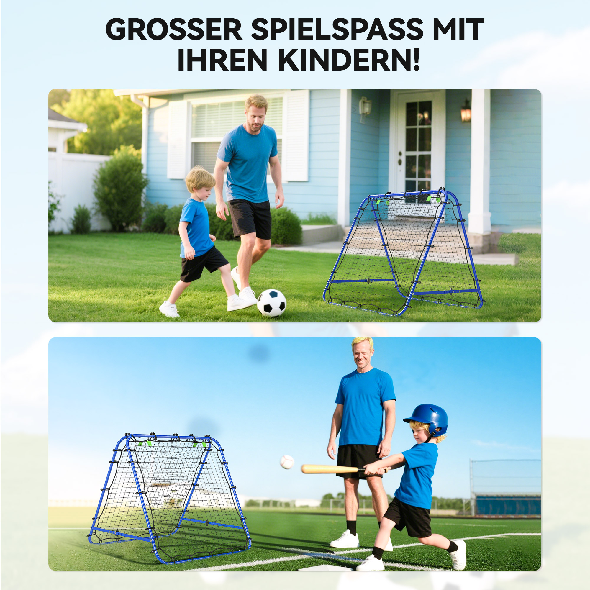 Rebounder für Fußball, verstellbar Prellwand mit 5 Winkelpositionen und Rückprallwand Netz, 100 x 95cm Kickback Tor Fußballtor für Jugendliche, Rückprallwand für Handball Training, Blau