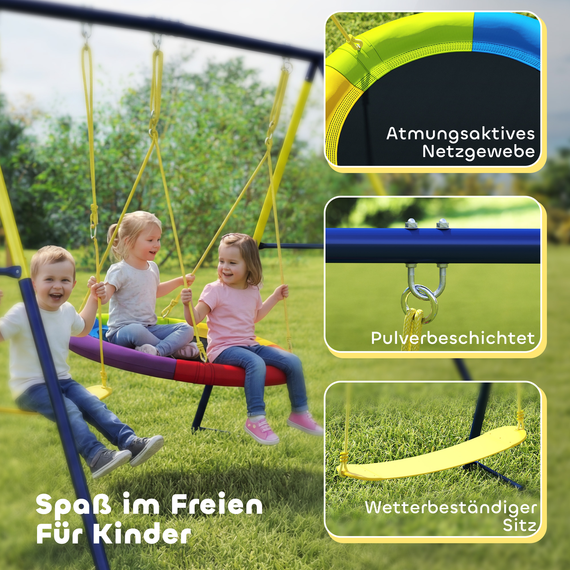 Schaukelgestell Schaukel-Set mit Nestschaukel Gurtschaukel verstellbarem Seil für 3-8 Jahre 265x160x178 cm Mehrfarbig