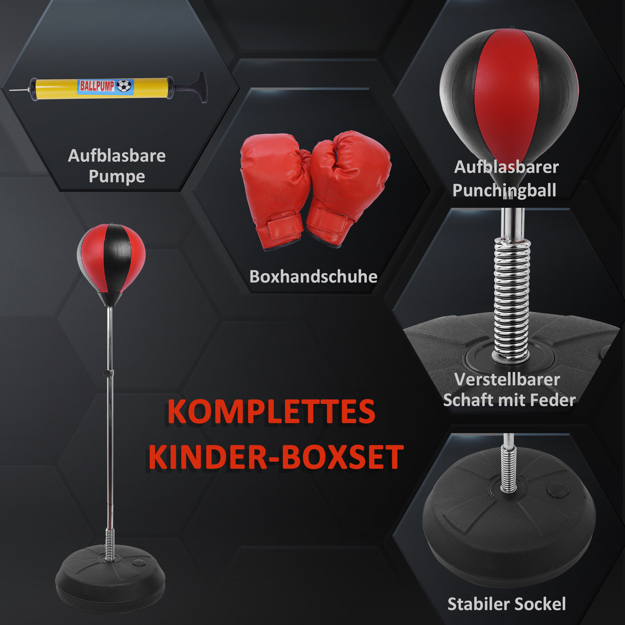 Punchingball Set Standbox Training Set 125/131/138/145cm höhenverstellbar mit 1 paar Handschuhe 1 Pump Geeignet für Profis und Anfänger Rot