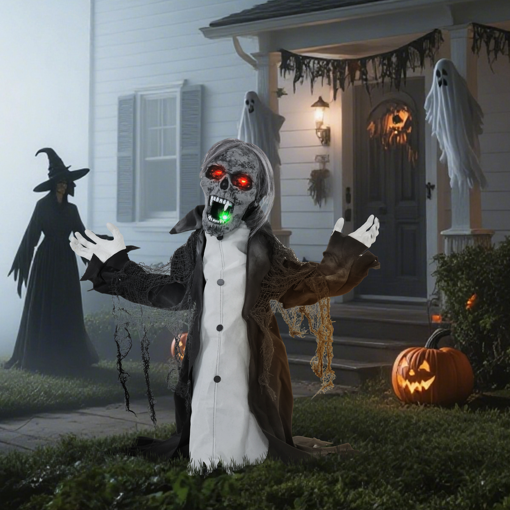 Halloweendeko, Skelett/Zombie, beweglich, Bewegungssensor, LEDs & Sounds, 75 cm