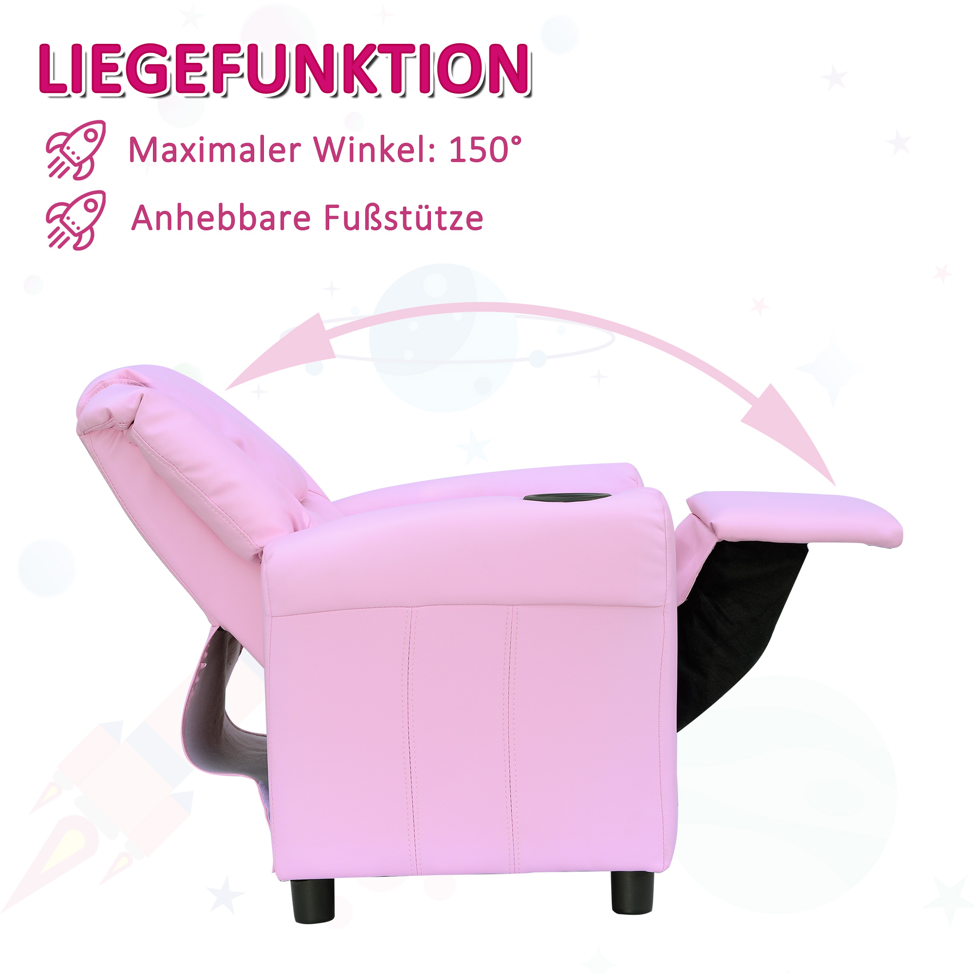 Kindersofa Kindersessel mit Fußstütze Armlehne Getränkehaltern verstellbare Rückenlehne Liegecouch Kindercouch Relaxsessel Kinder Sofa für 3-6 Jahre Jungen Mädchen Rosa