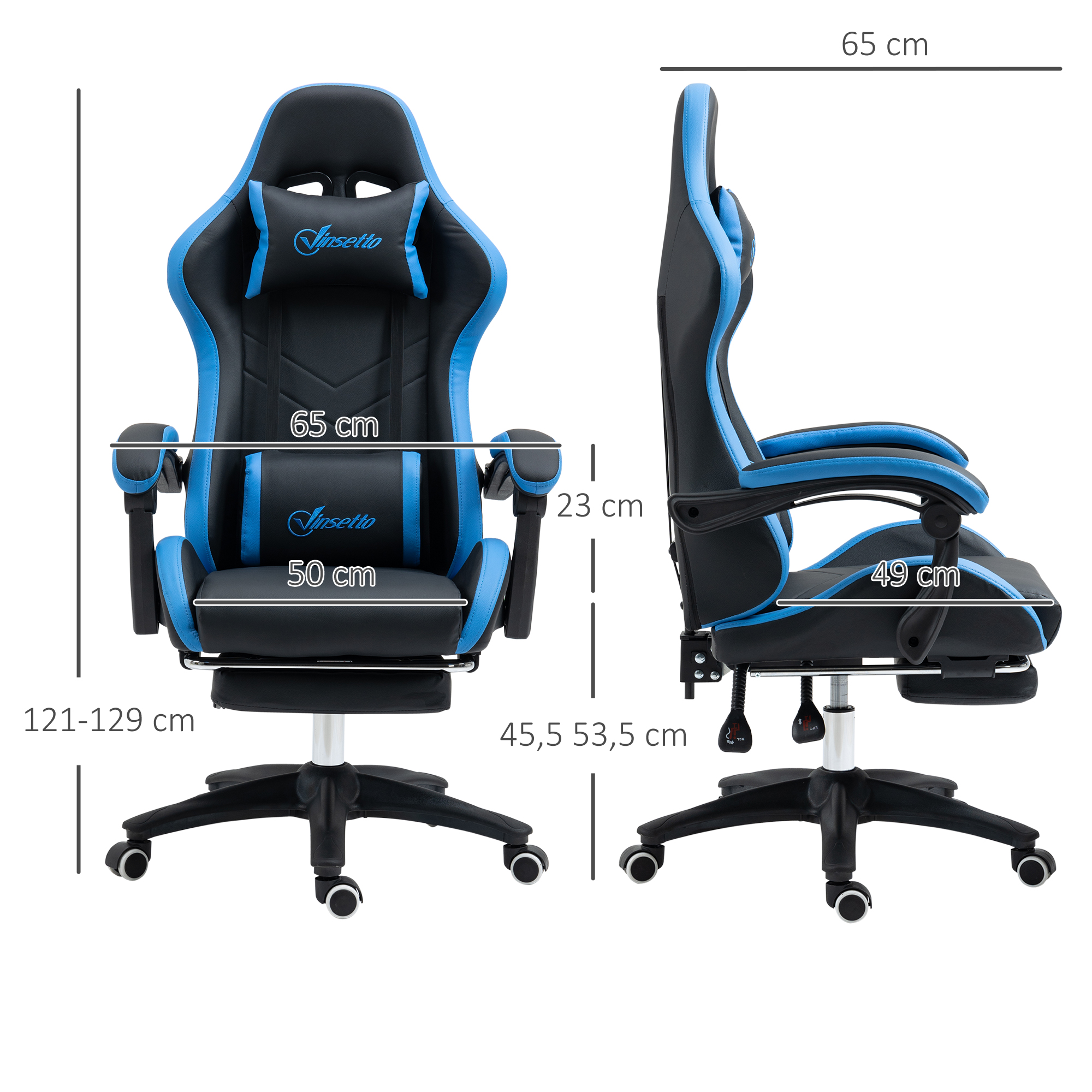 Bürostuhl, Gamingstuhl, 1 Kopfstütze, 1 Lendenstütze, Blau + Schwarz
