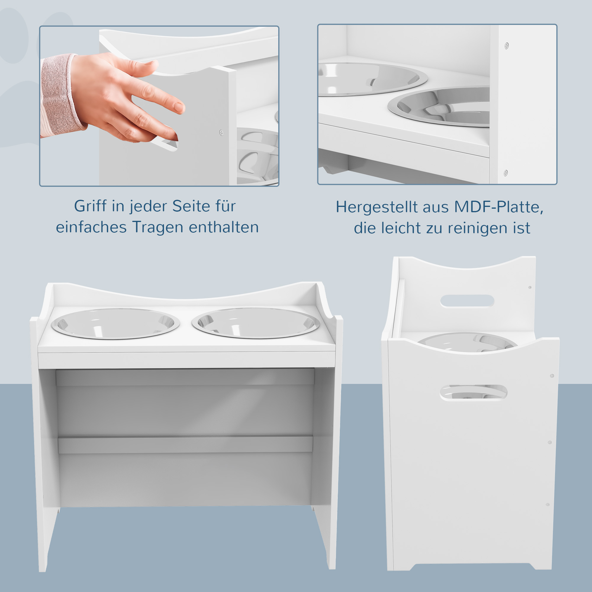 Futterstation für Hunde, 2 Edelstahlnäpfe, höhenverstellbar, 54x31,5x47cm, Weiß
