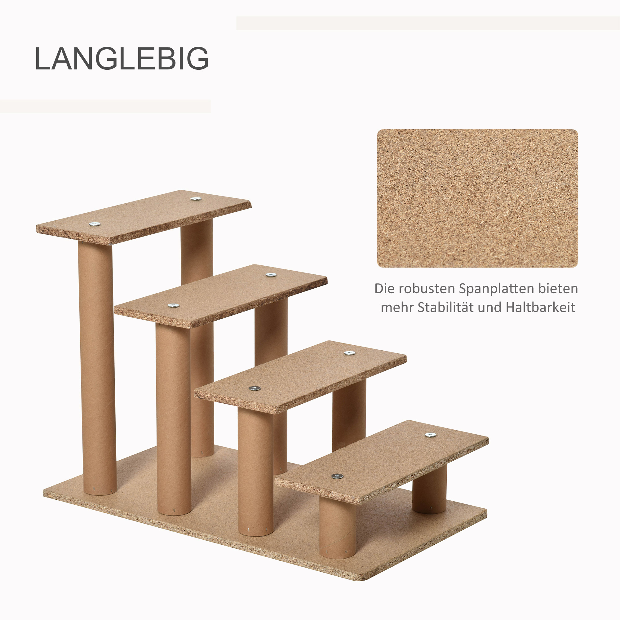 Hundetreppe 4-stufig, 35 cm Katzentreppe für Bett und Sofa, Haustiertreppe für Hunde und Katzen bis 5 kg, Plüschoptik, Beige