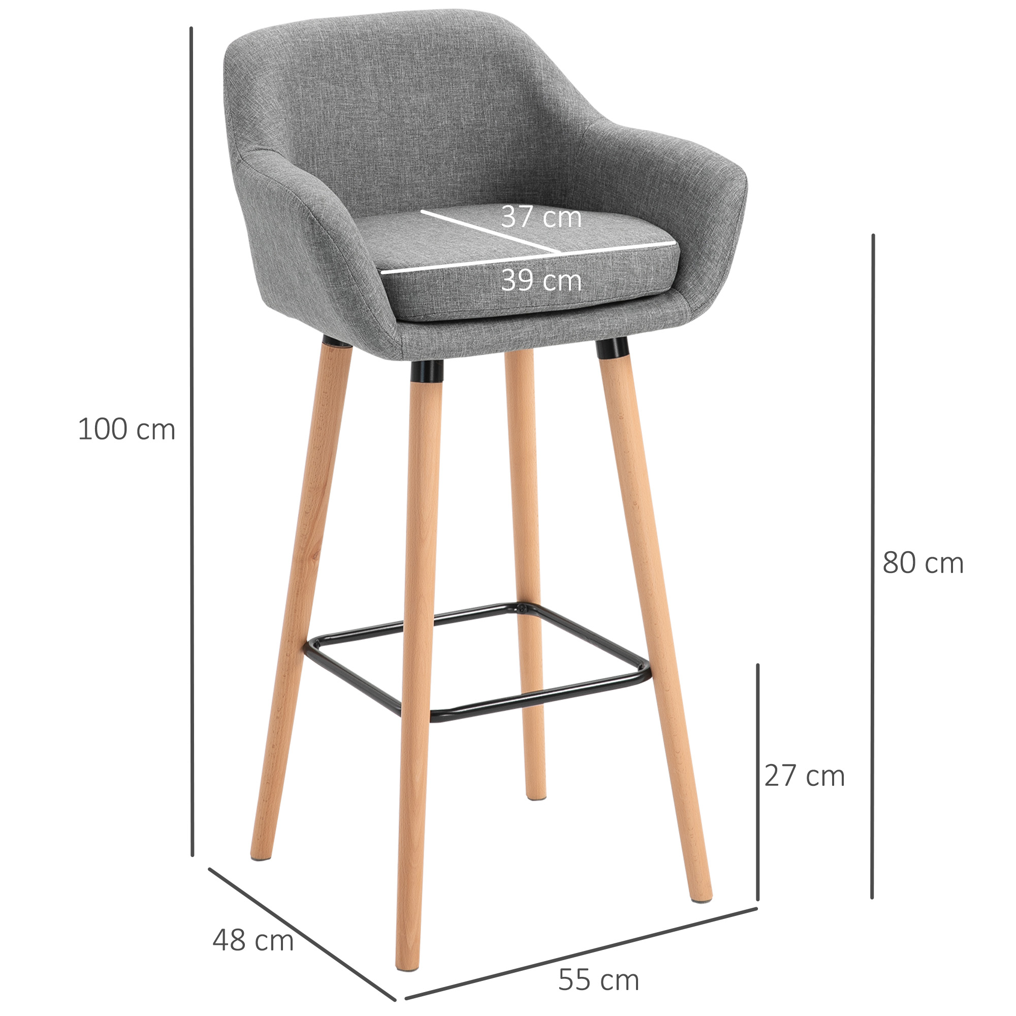2er-Set Barhocker, inkl, Fußstütze, Massivholz, 55 cm x 48c m x 100 cm,  Grau