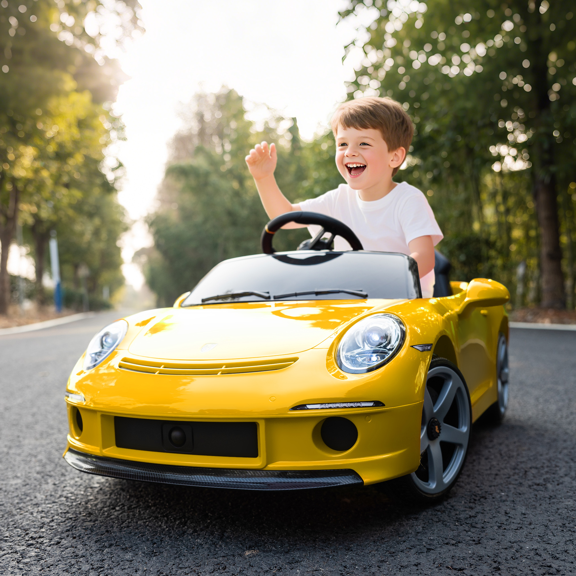 Elektrisches Aufsitzauto für Kinder, fernsteuerbar, Musik, Hupe, USB, Sicherheitsgurt, für 3-5 Jahre, Gelb
