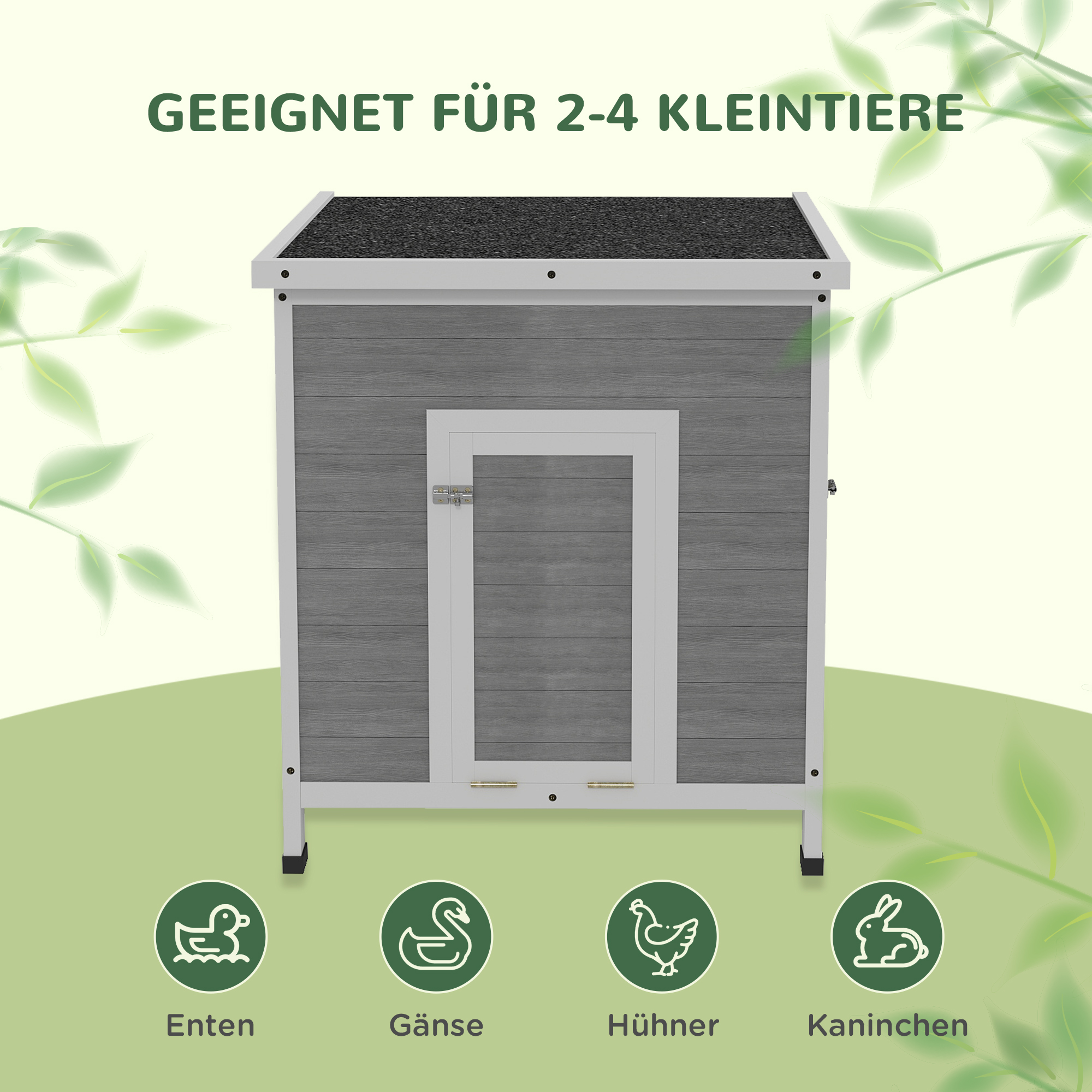 Entenstall, Entenhaus mit Seitentür, Belüftungslöchern, Geflügelstall Hühnerhaus aus Tannenholz, Gänsestall, Hühnerstall mit wasserdichtem Asphaltdach, 63 x 82 x 76 cm, Hellgrau