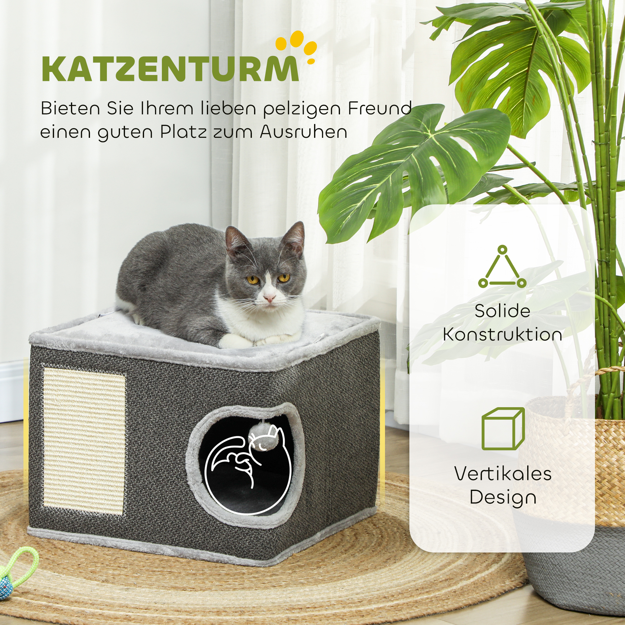 Katzenhaus mit 2 Kissen, Bett, Höhle, Kratzmatte, Spielball, kleiner Kratzbaum, Grau