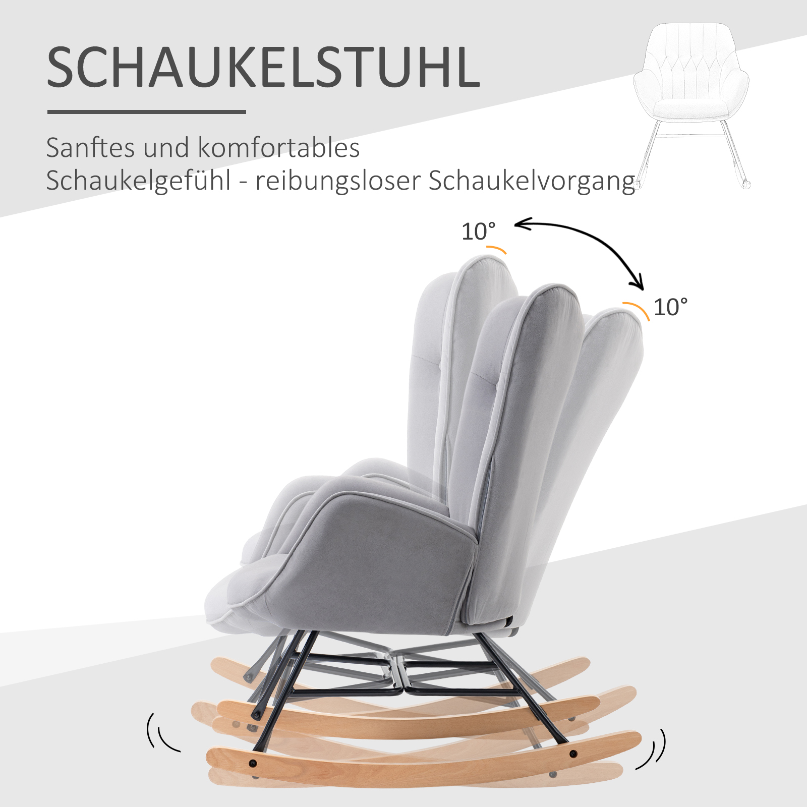 Schaukelstuhl mit Steppung, Holzkufen, Samtoptik, bis 150 kg, Hellgrau